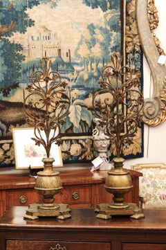 Pair Italian Early 18th Century Giltwood and Metal Candelabras w/ Flower detail