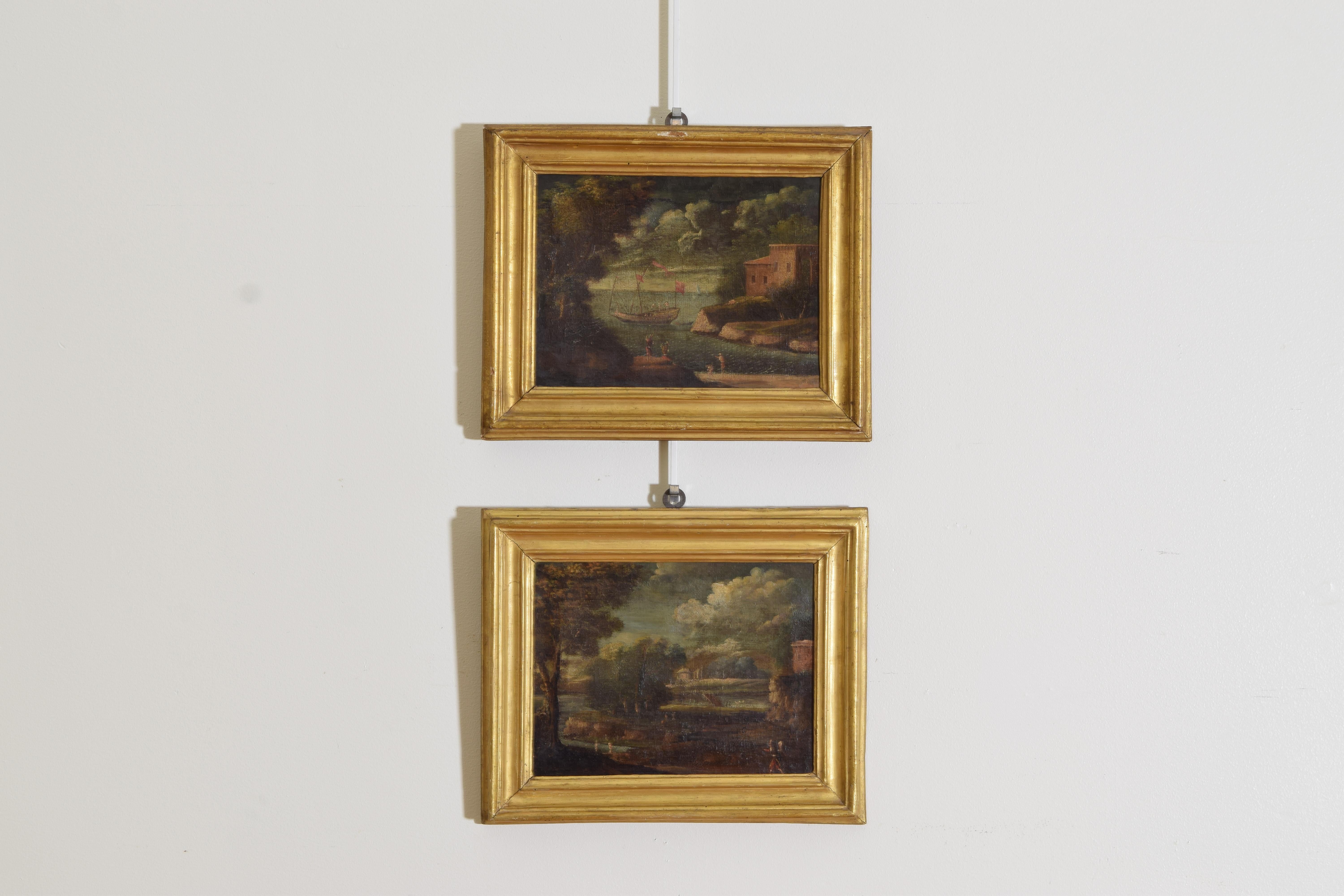 The paintings, respectively, of a harbor with a fortress and ships and a landscape with ruins and figures, in period giltwood frames