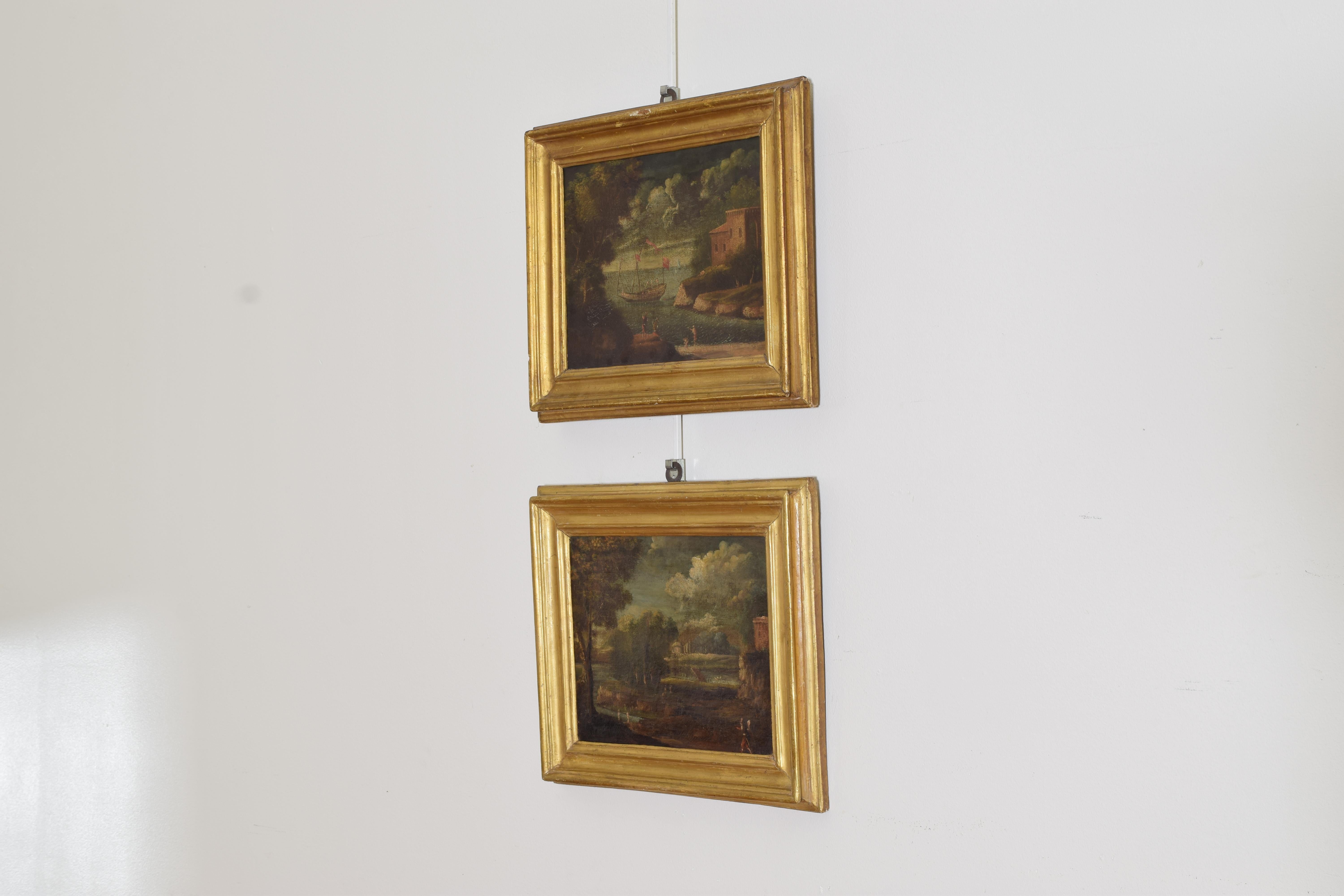 Louis XIV Pair Italian Early 18th century Oil on Canvas Paintings, Harbor and Landscape