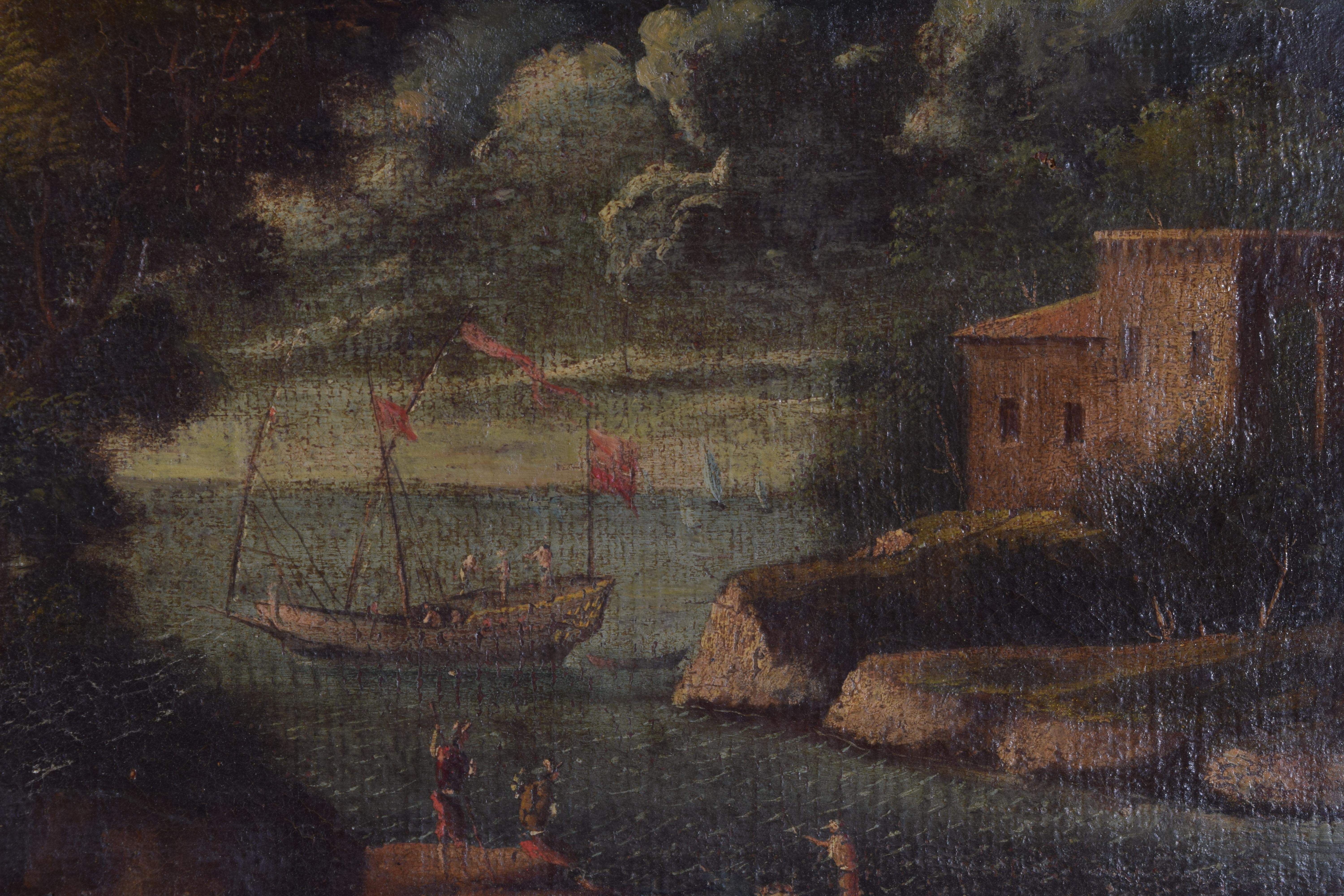 Early 18th Century Pair Italian Early 18th century Oil on Canvas Paintings, Harbor and Landscape