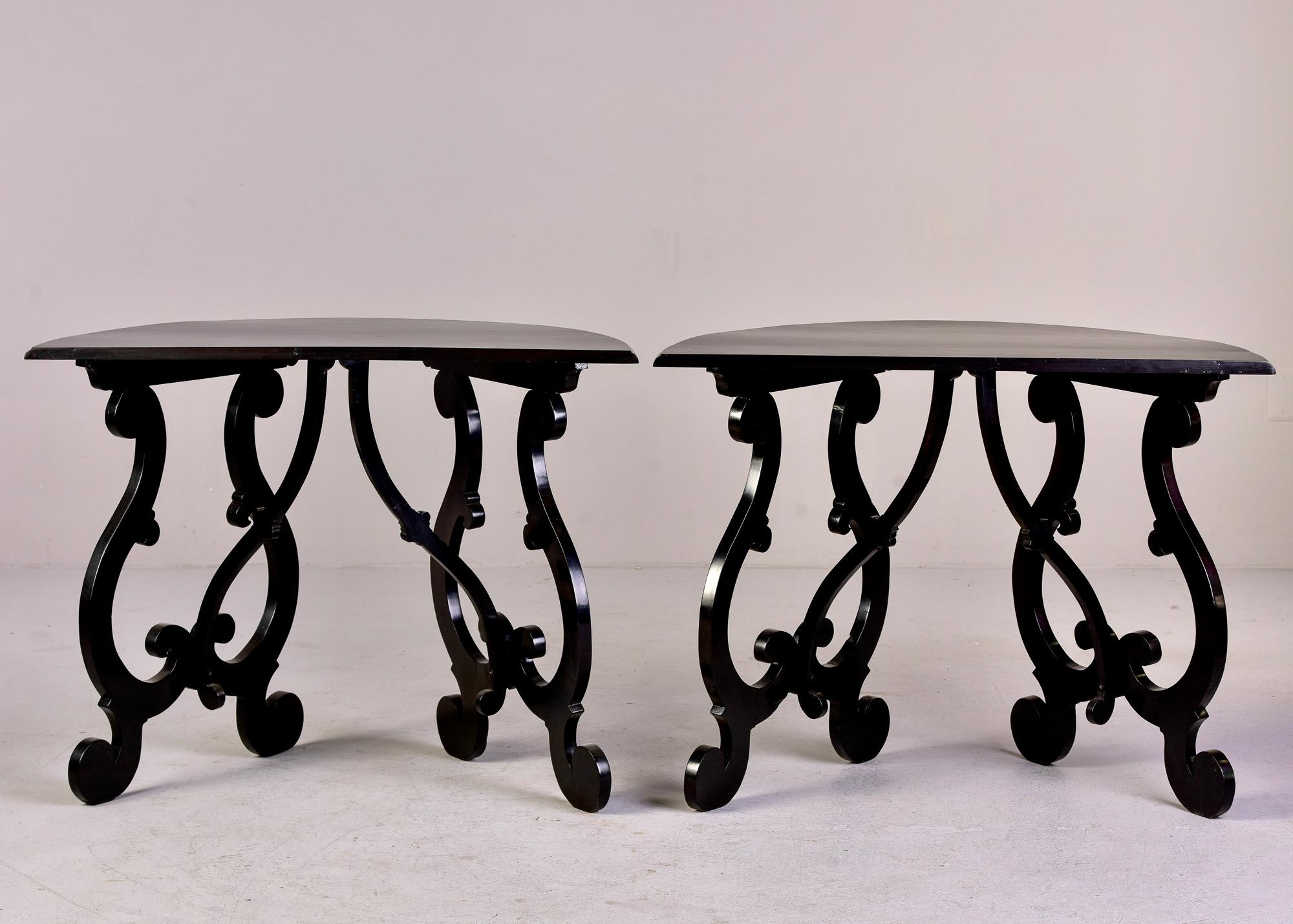 Pair Italian Ebonised Walnut Demi Lune Lyre Leg Tables 5