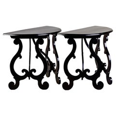 Pair Italian Ebonised Walnut Demi Lune Lyre Leg Tables