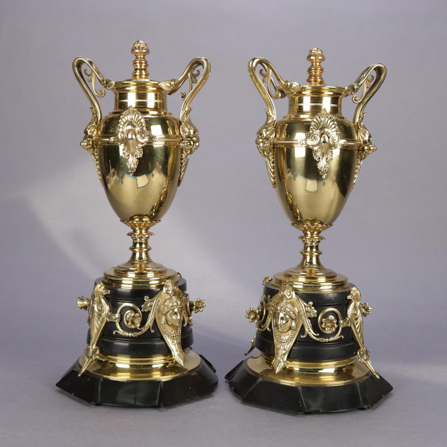 Pair of Italian Egyptian Revival Polished Bronze and Marble Figural Urns 5