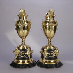 Pair of Italian Egyptian Revival Polished Bronze and Marble Figural Urns
