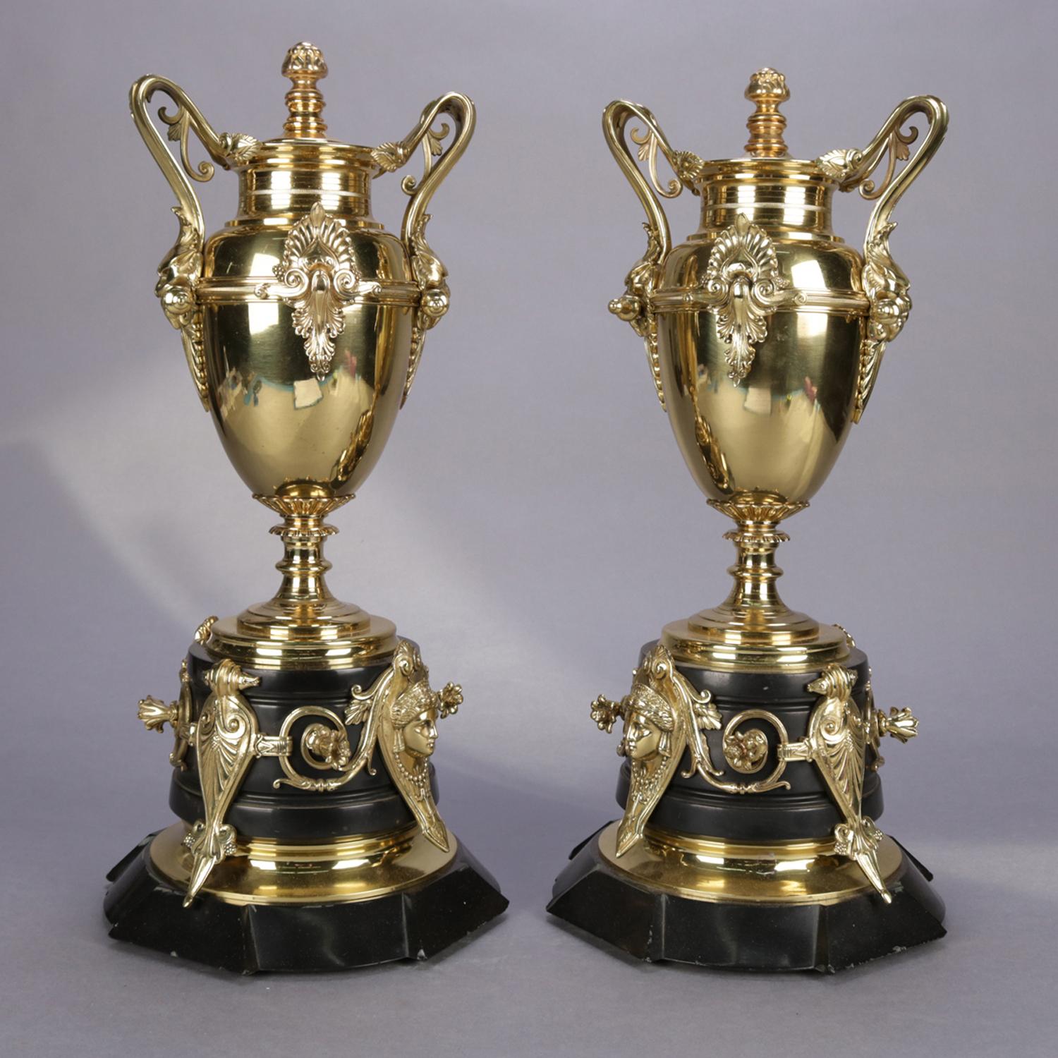 Pair of Italian Egyptian Revival Polished Bronze and Marble Figural Urns In Good Condition In Big Flats, NY