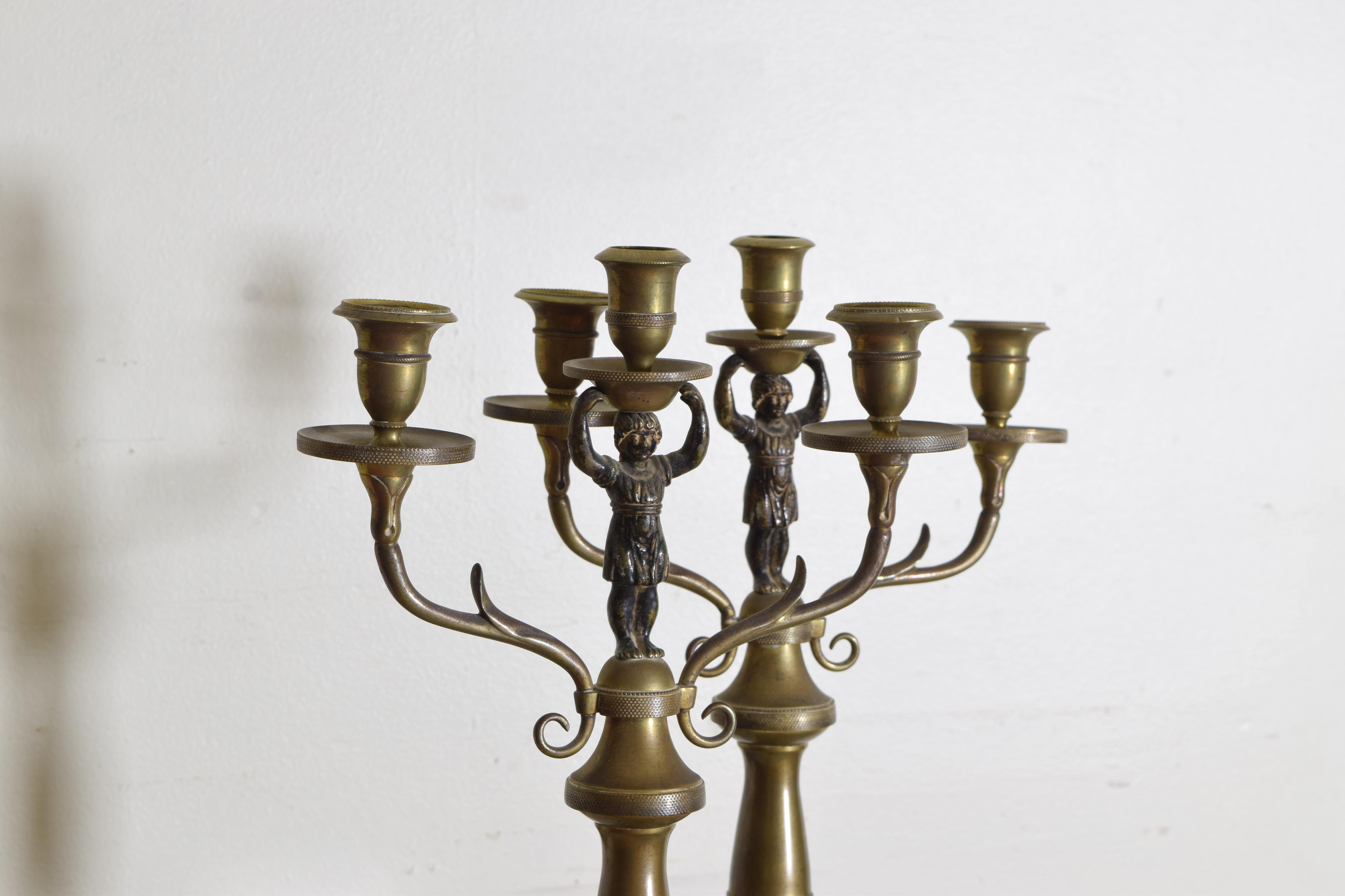 Pair Italian Empire Period Brass 3-Light Figural Candelabras, Early 19th Century For Sale 1