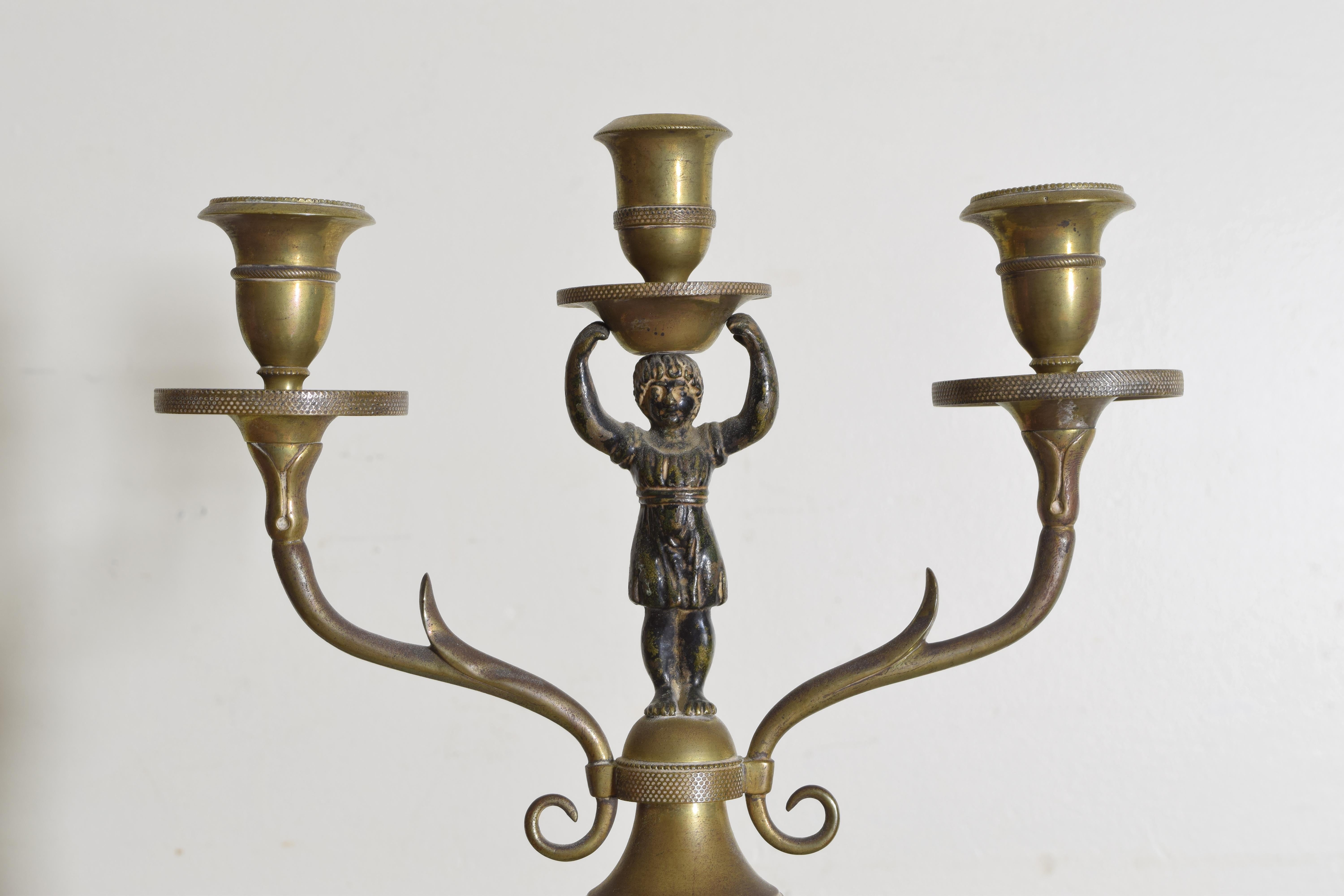 Pair Italian Empire Period Brass 3-Light Figural Candelabras, Early 19th Century For Sale 2