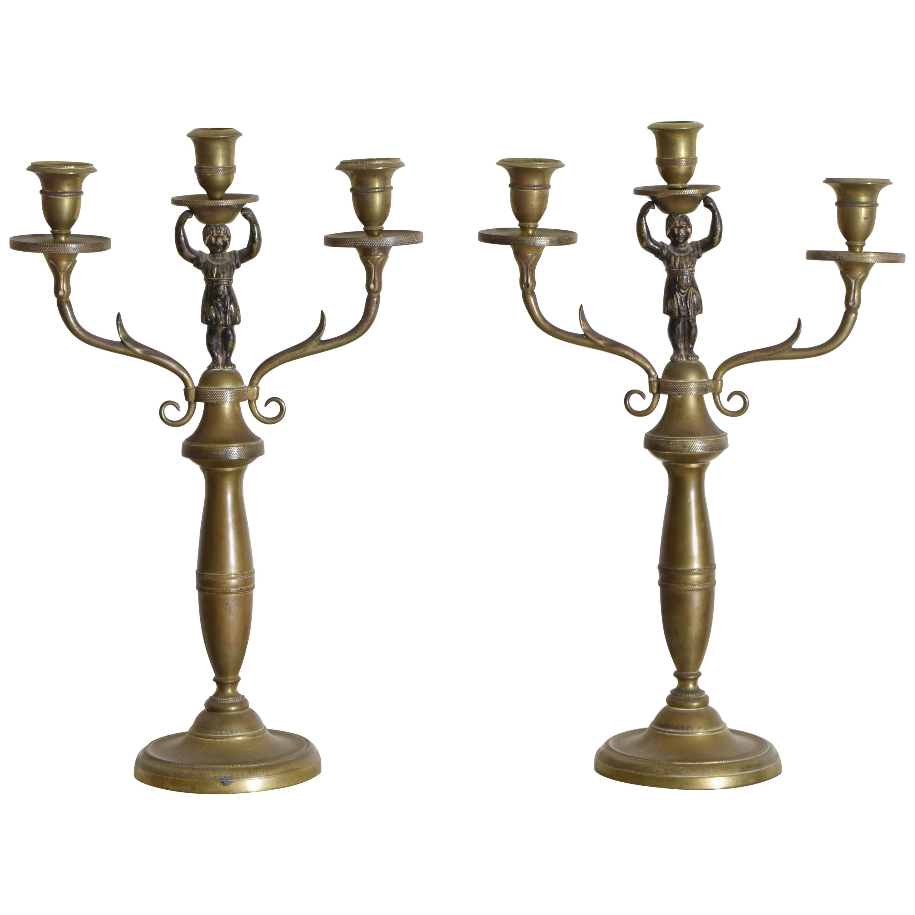 Pair Italian Empire Period Brass 3-Light Figural Candelabras, Early 19th Century