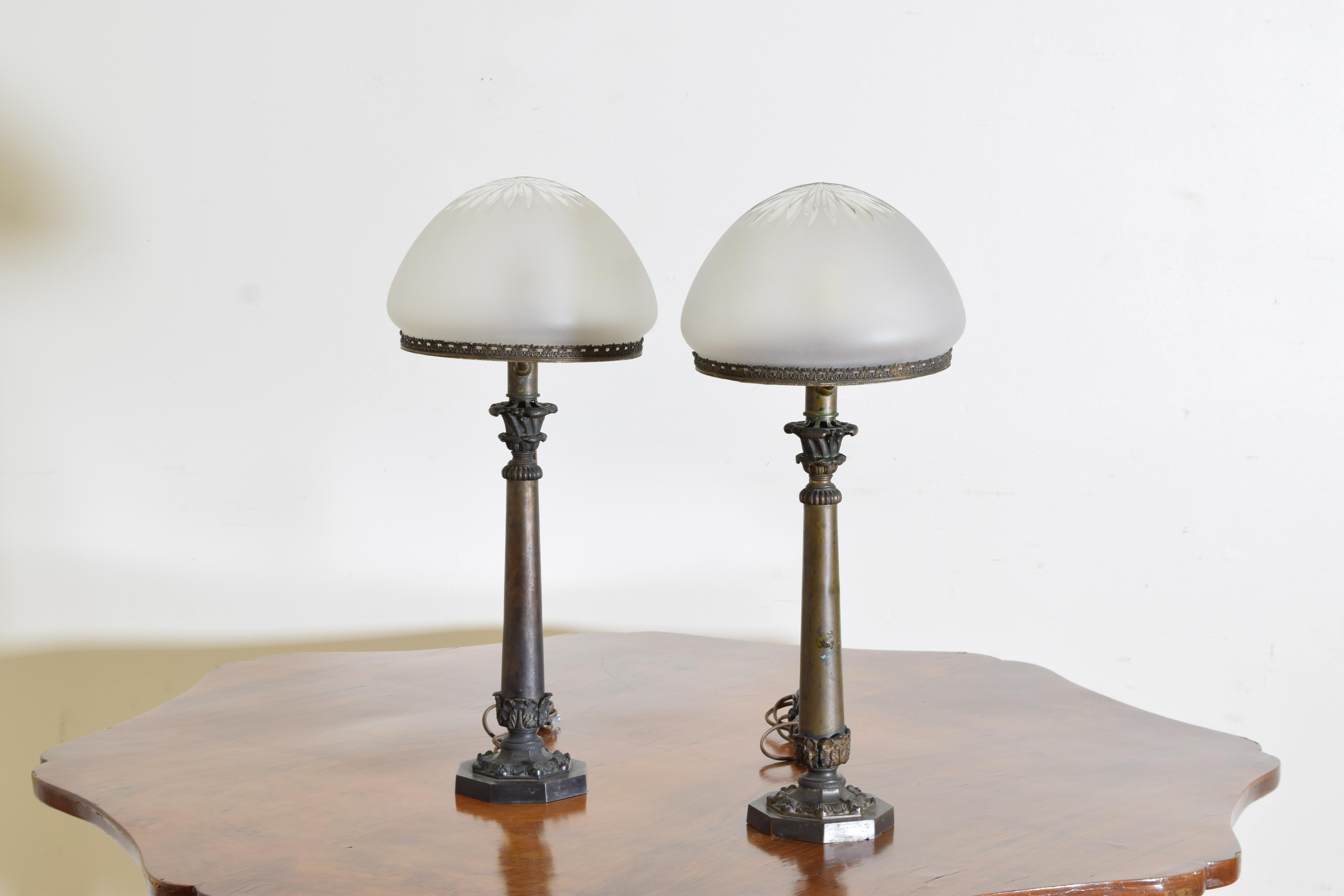 Pair Italian Empire Revival Brass & Etched Glass Oil Lamps, electrified, 1870’s In Good Condition For Sale In Atlanta, GA
