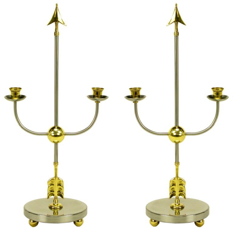 Pair Italian Empire Style Brushed Steel & Brass Candelabra For Sale