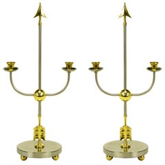 Pair Italian Empire Style Brushed Steel & Brass Candelabra
