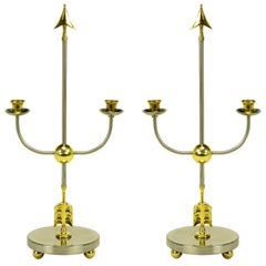 Retro Pair Italian Empire Style Brushed Steel & Brass Candelabra