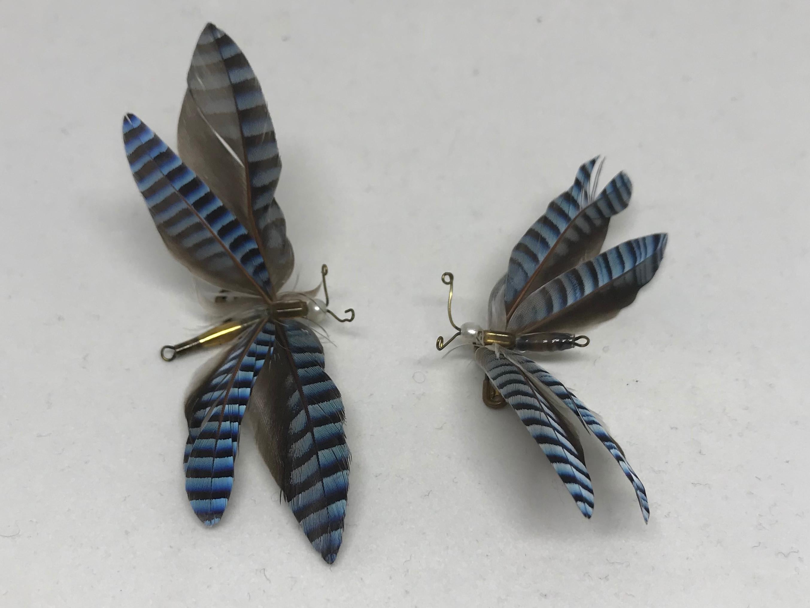 Italian Pair Blue Feather Butterfly Brooches For Sale