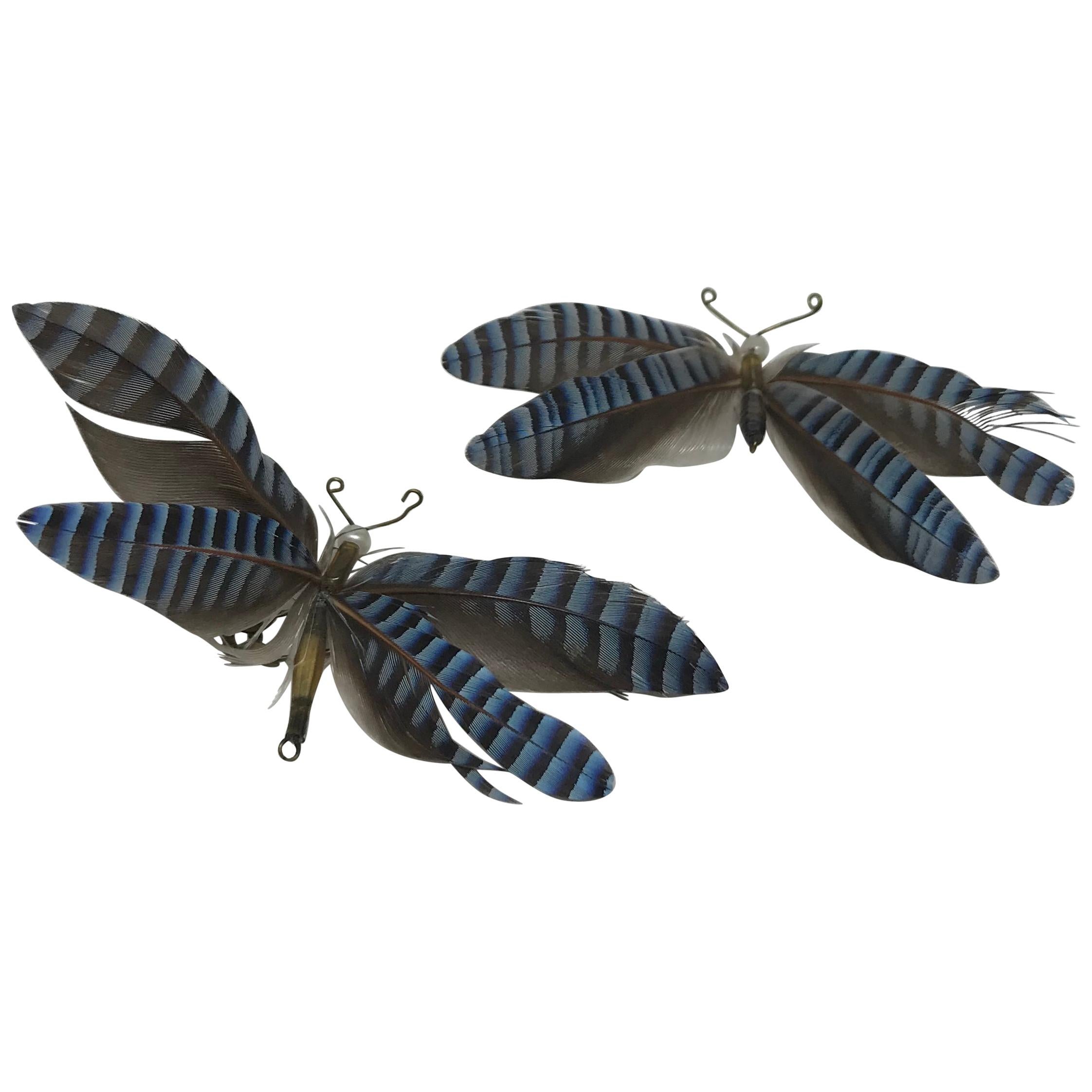 Pair Blue Feather Butterfly Brooches