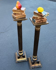 Pair Italian Florentine Black and Gold Gilt Pedestal Plant Stands