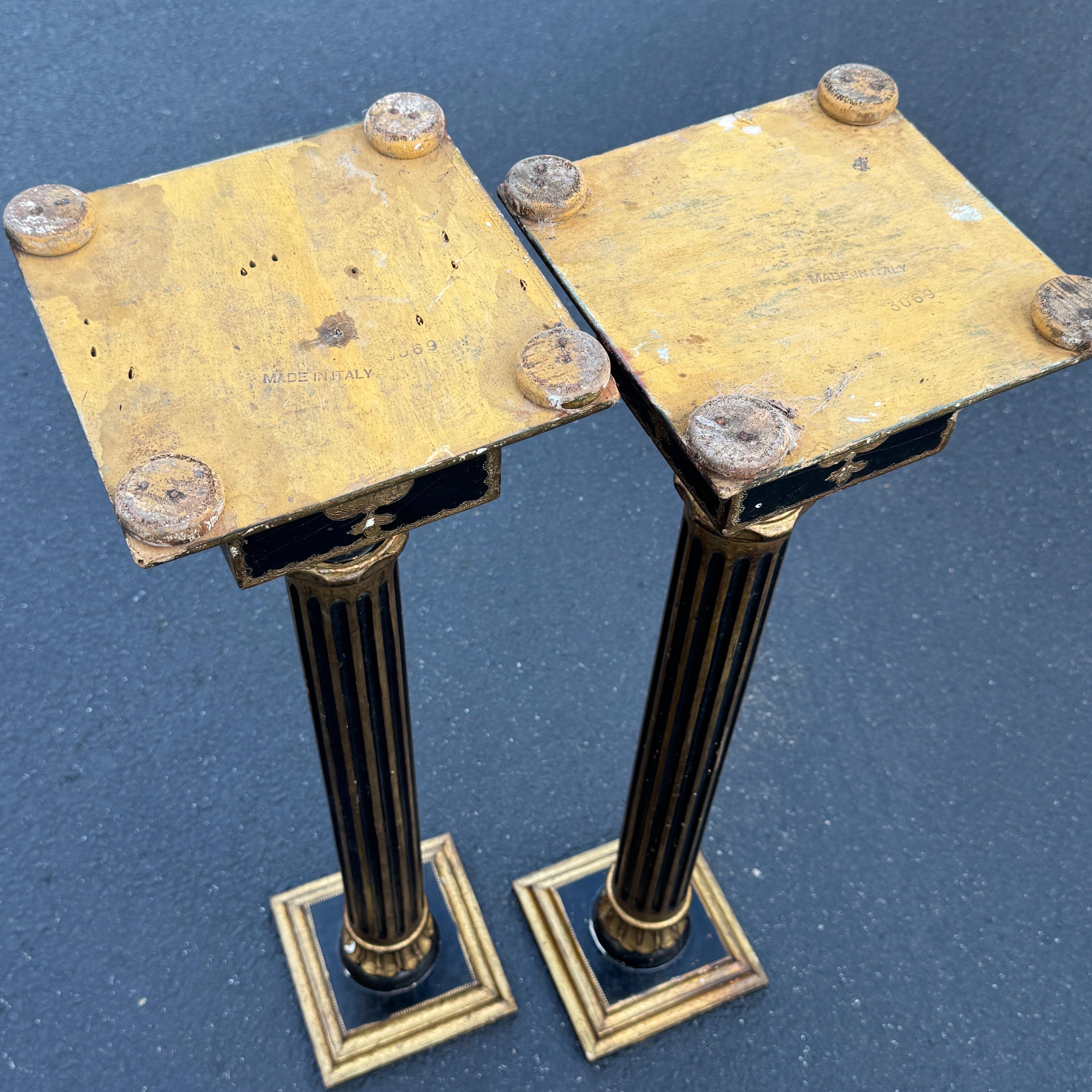 Pair Italian Florentine Black and Gold Gilt Pedestal Plant Stands For Sale 14