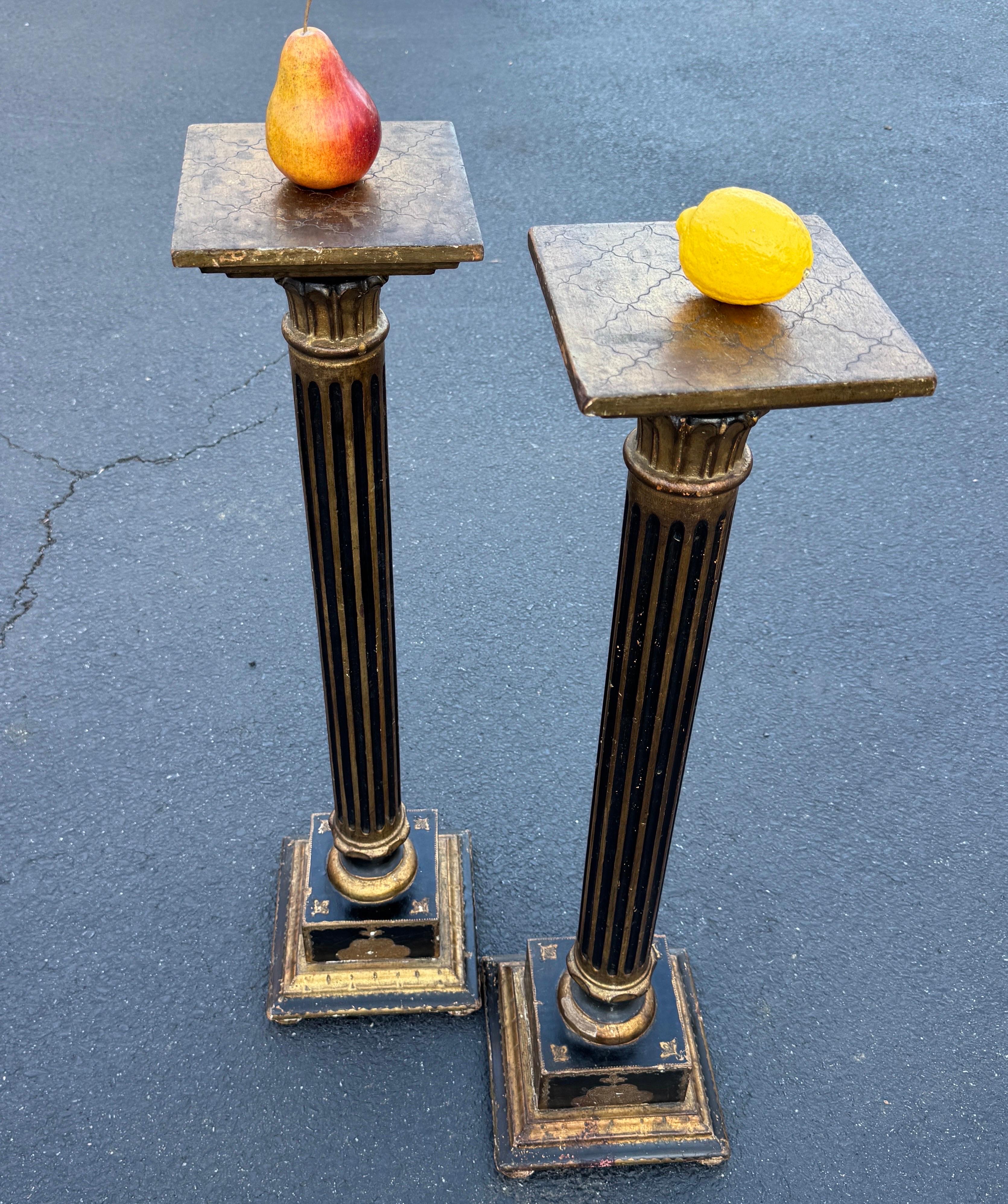 Mid-Century Modern Pair Italian Florentine Black and Gold Gilt Pedestal Plant Stands For Sale