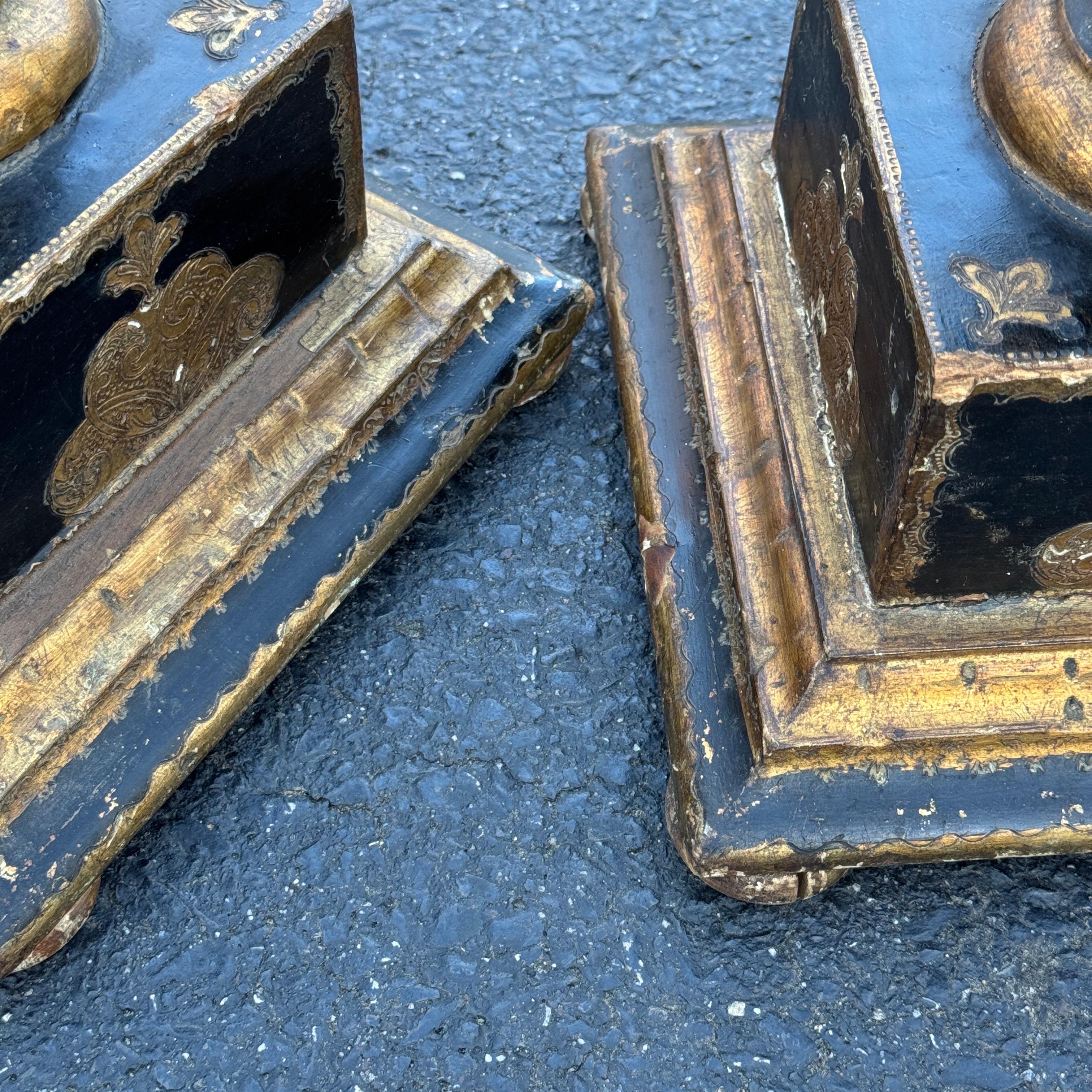 Gold Leaf Pair Italian Florentine Black and Gold Gilt Pedestal Plant Stands For Sale