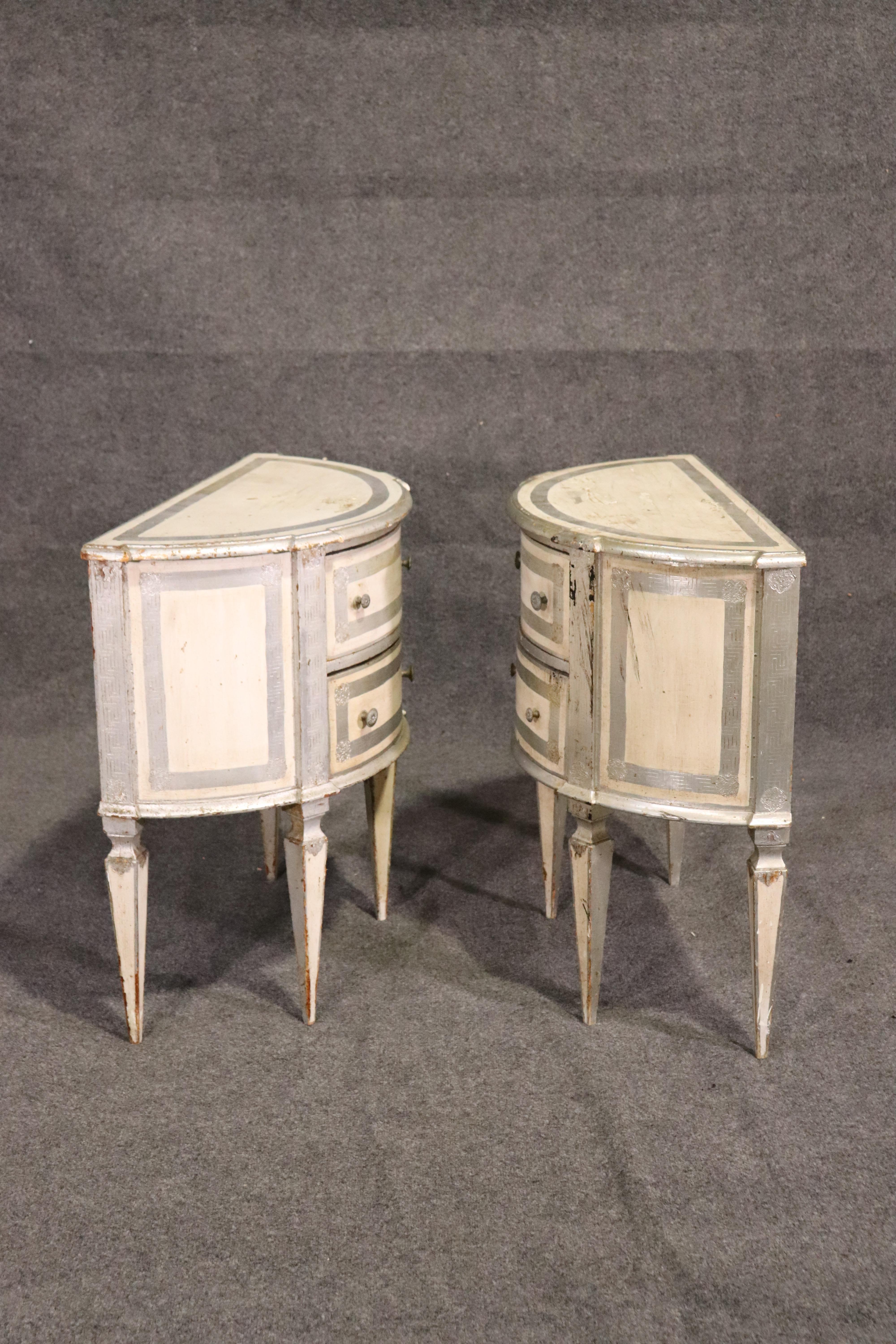 Italian Florentine Demilune Nightstands Commodes in Silver Leaf and White, Pair 7