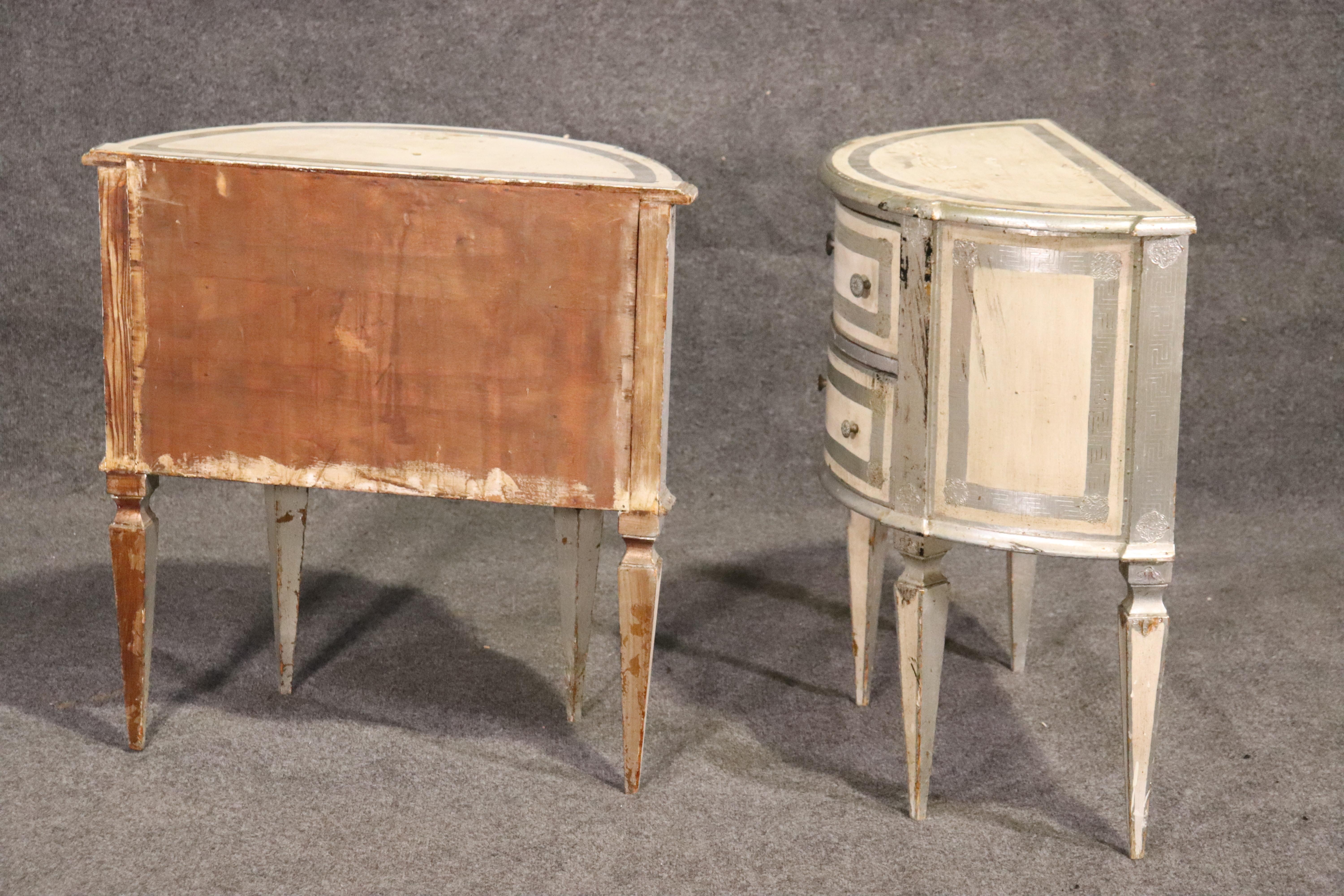 Italian Florentine Demilune Nightstands Commodes in Silver Leaf and White, Pair 8