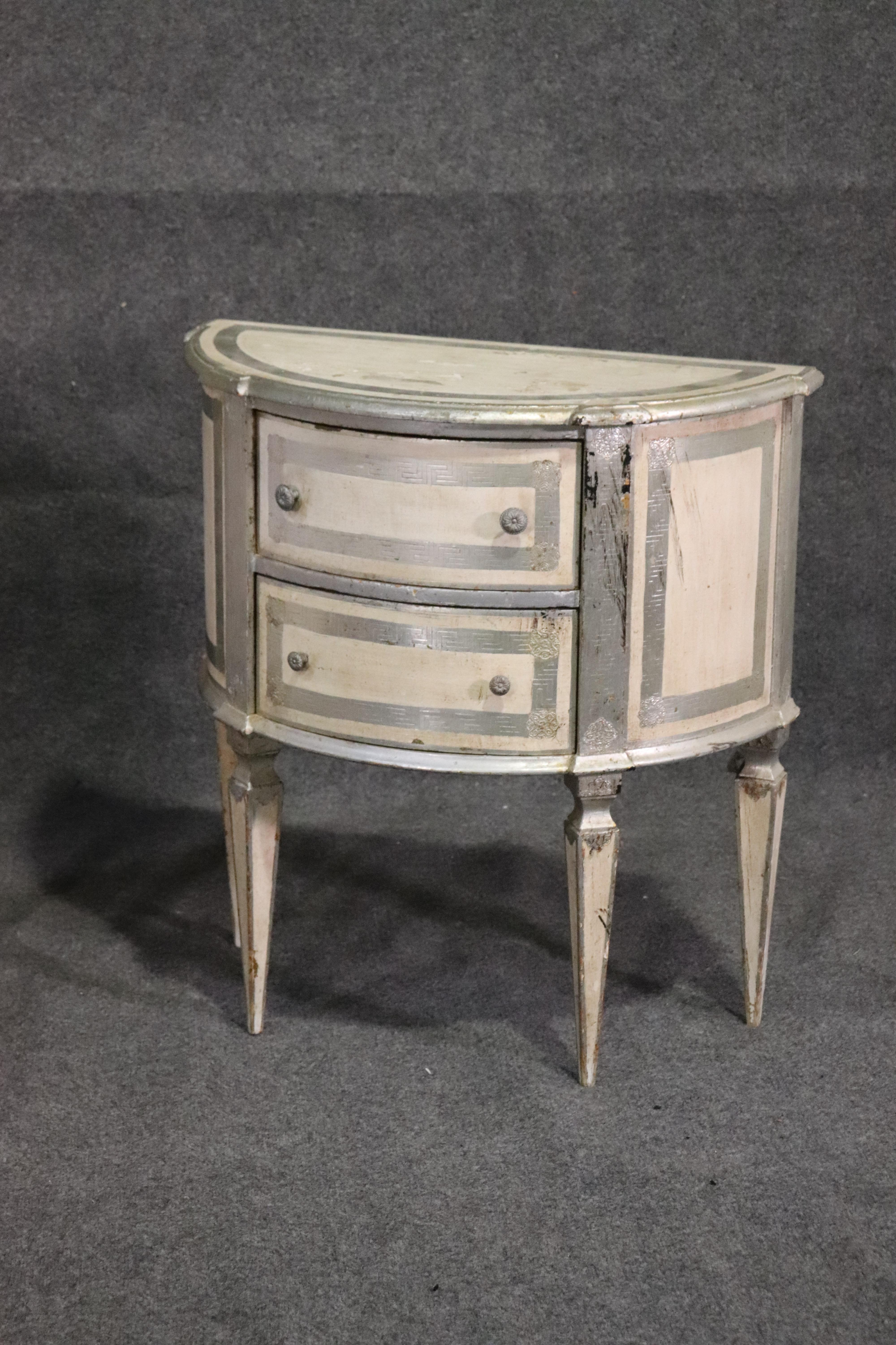 Louis XVI Italian Florentine Demilune Nightstands Commodes in Silver Leaf and White, Pair