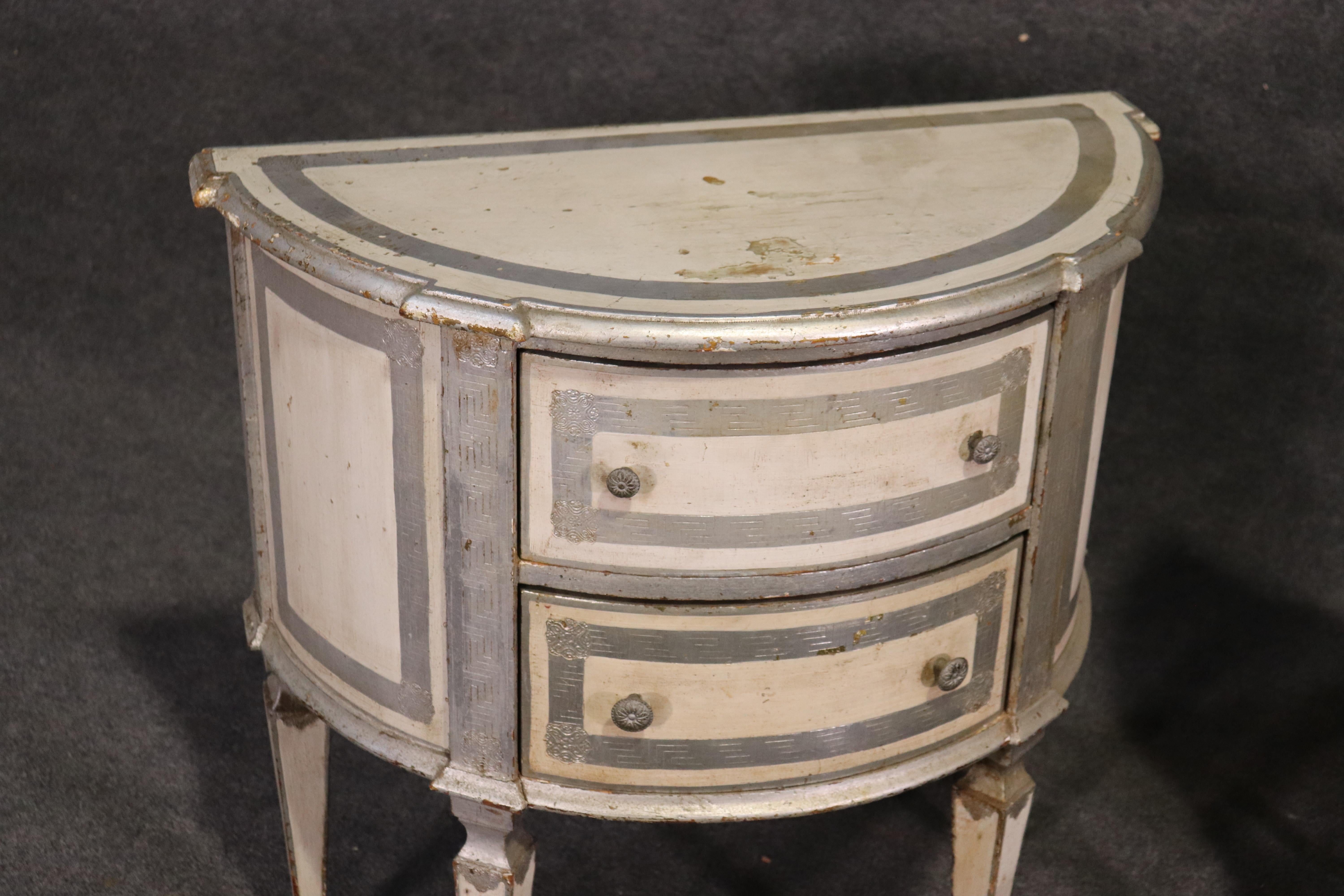 Beech Italian Florentine Demilune Nightstands Commodes in Silver Leaf and White, Pair