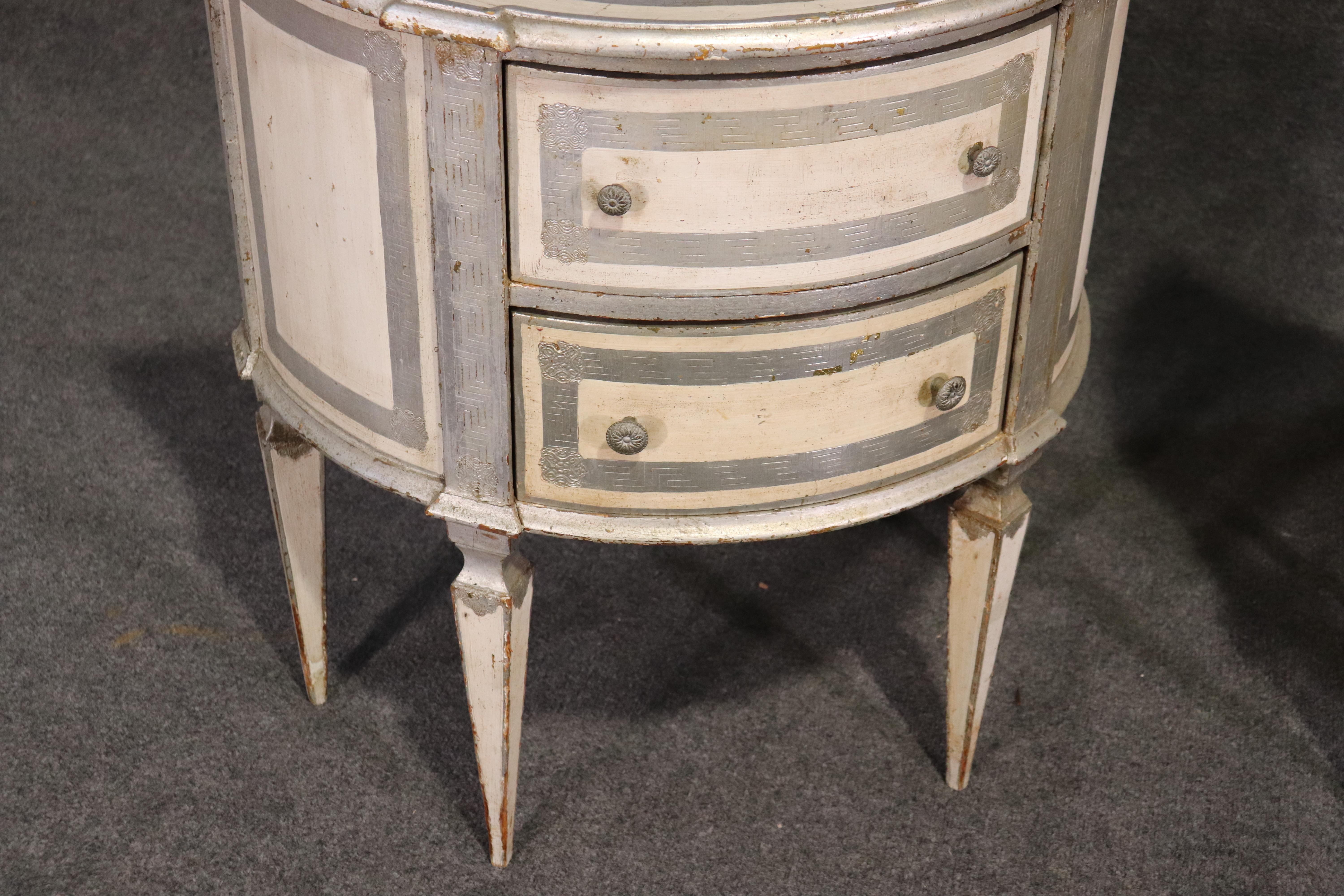 Italian Florentine Demilune Nightstands Commodes in Silver Leaf and White, Pair 1