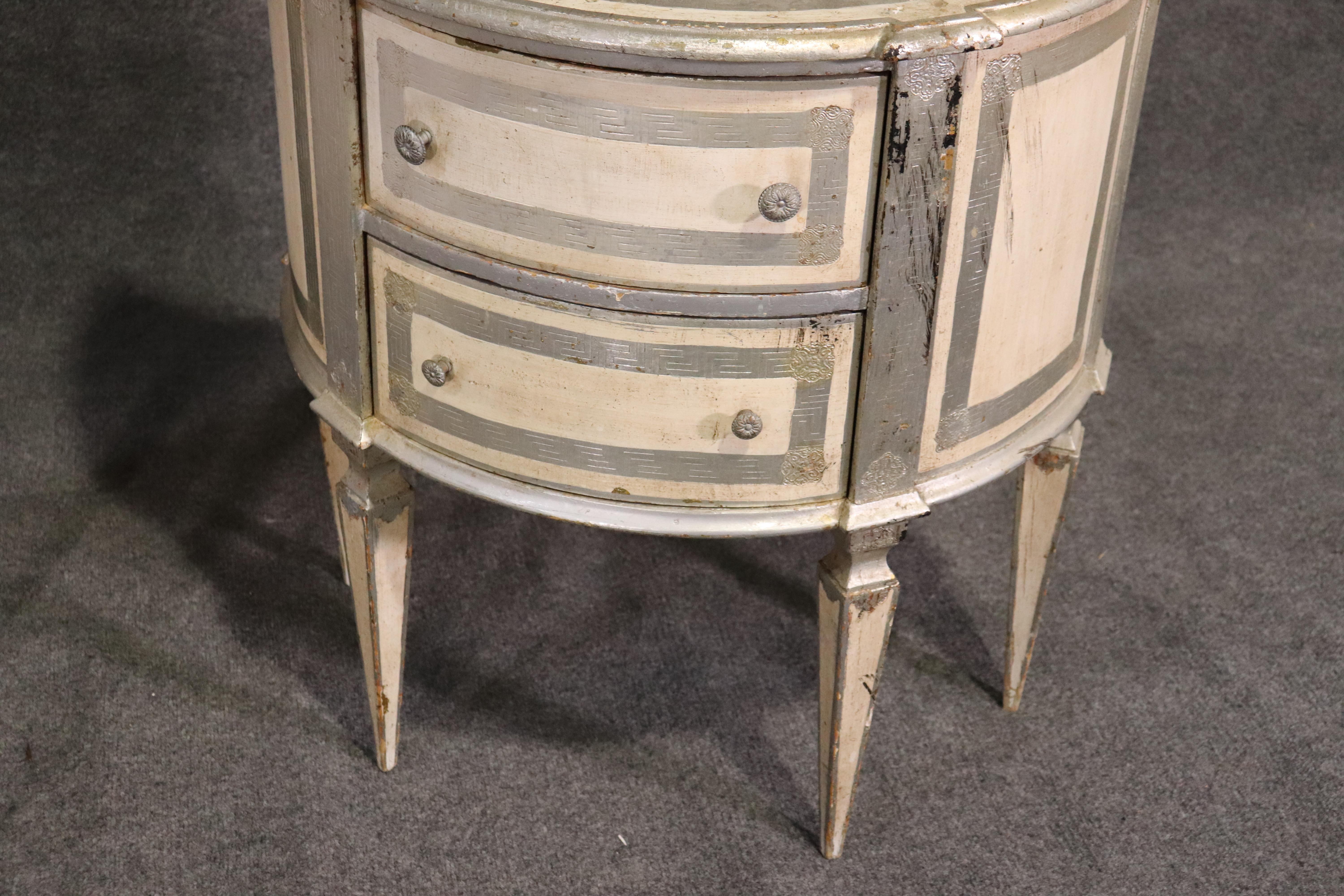 Italian Florentine Demilune Nightstands Commodes in Silver Leaf and White, Pair 2