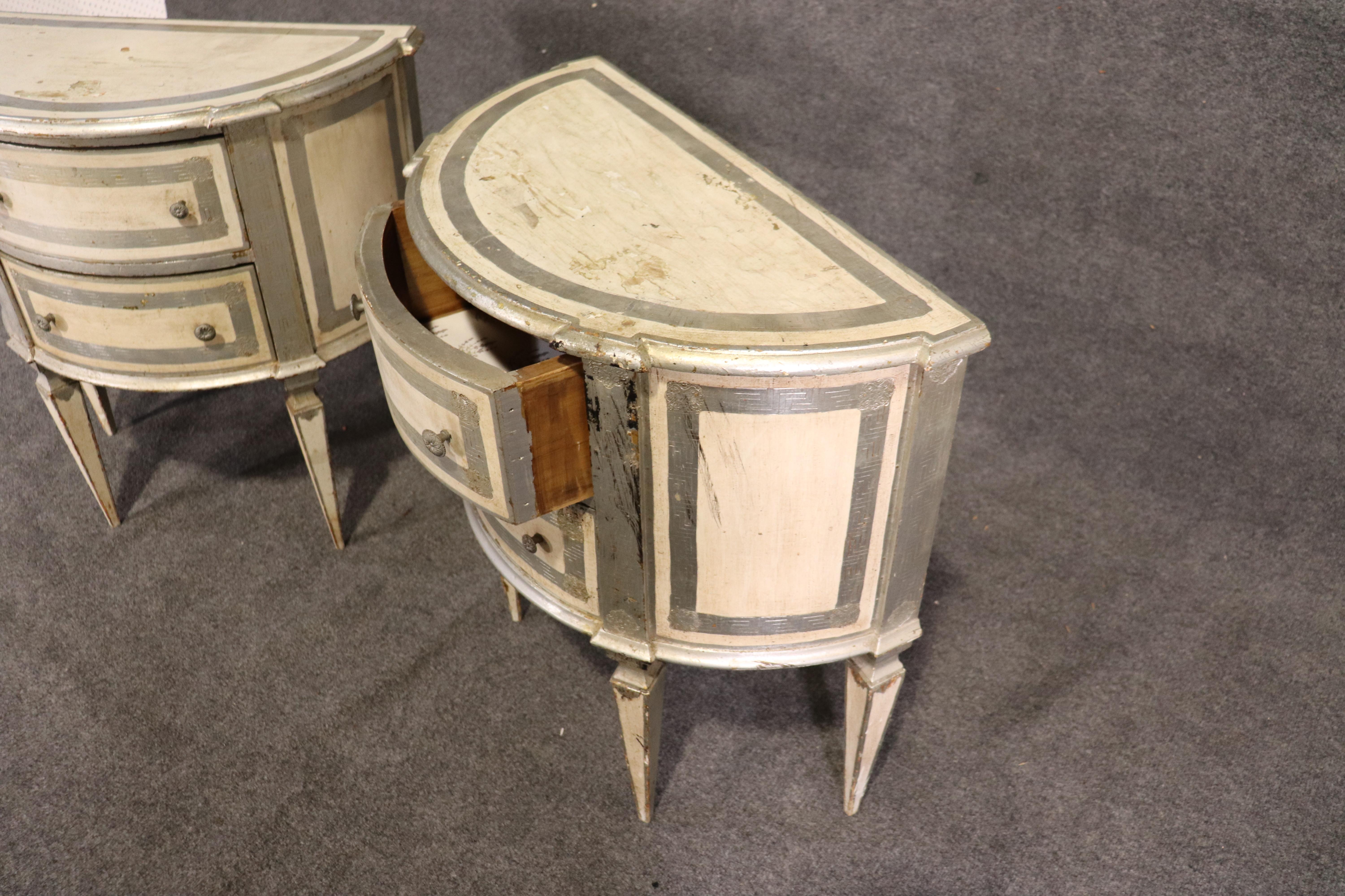 Italian Florentine Demilune Nightstands Commodes in Silver Leaf and White, Pair 3