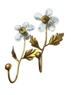 Pair Italian Florentine Gold Gilt & Crystal Glass Coat Hook Toleware Tole, 1960s