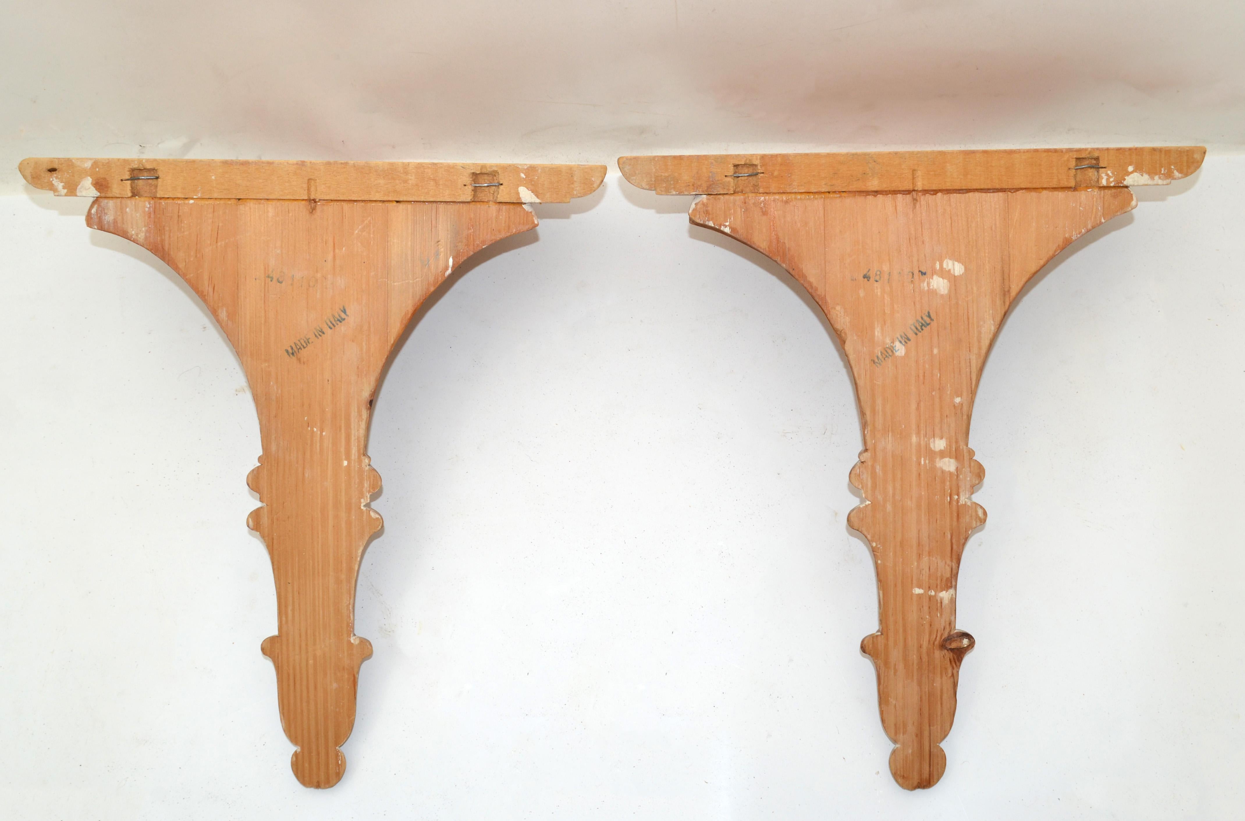 Pair Italian Florentine Vintage Hand Carved Wood Wall Shelf Brackets Sconces 4
