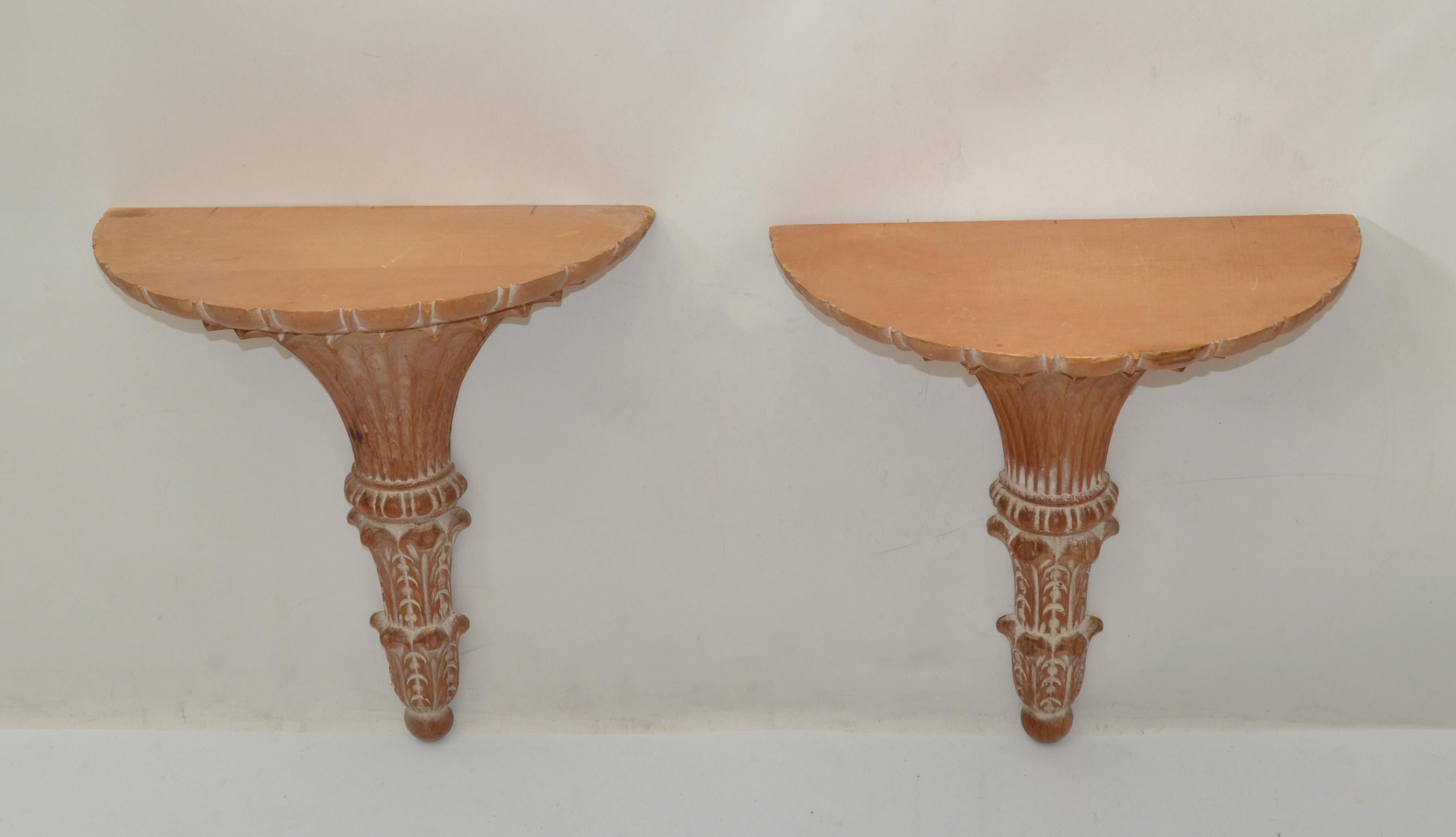 Neoclassical Pair Italian Florentine Vintage Hand Carved Wood Wall Shelf Brackets Sconces