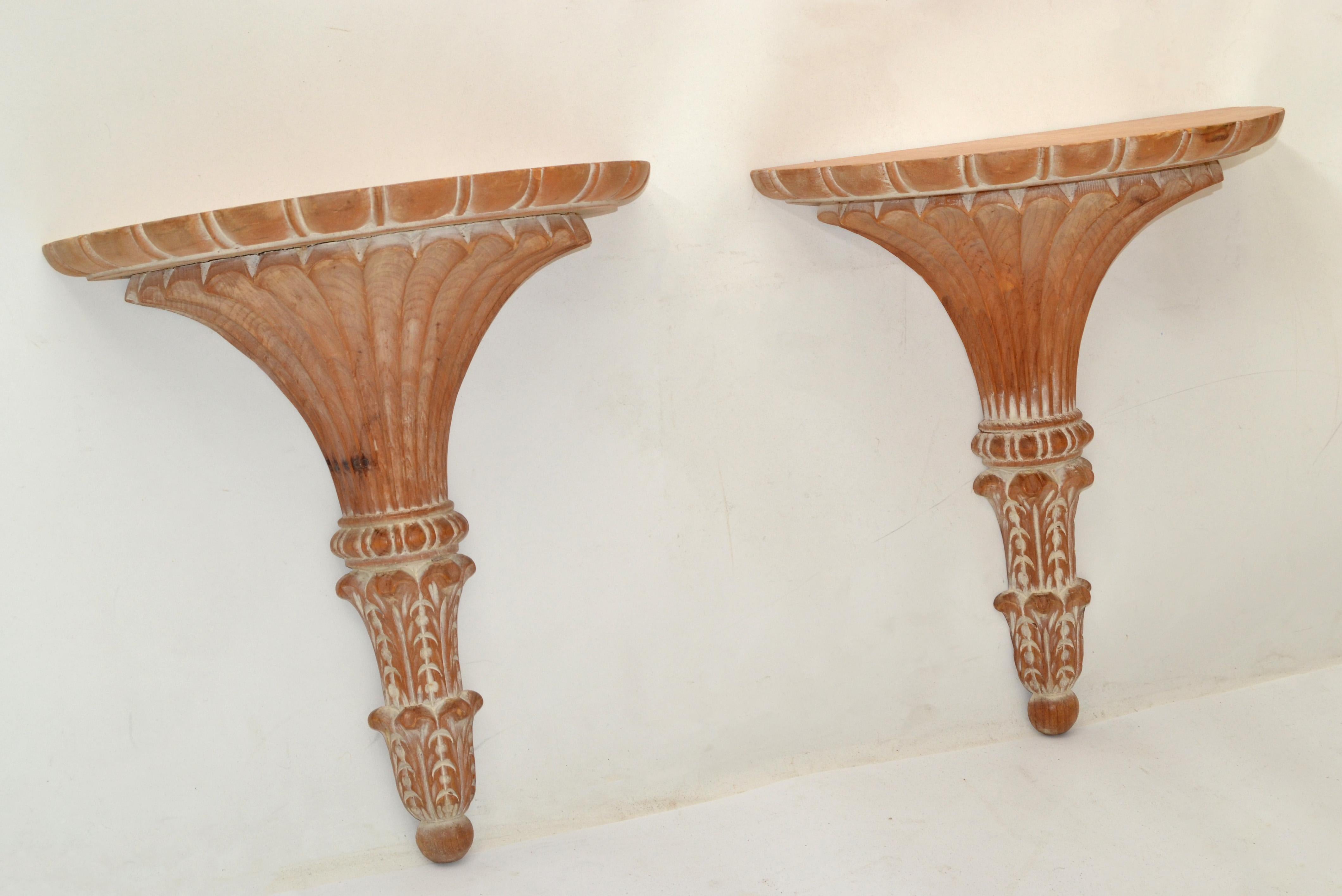 Pair Italian Florentine Vintage Hand Carved Wood Wall Shelf Brackets Sconces 1