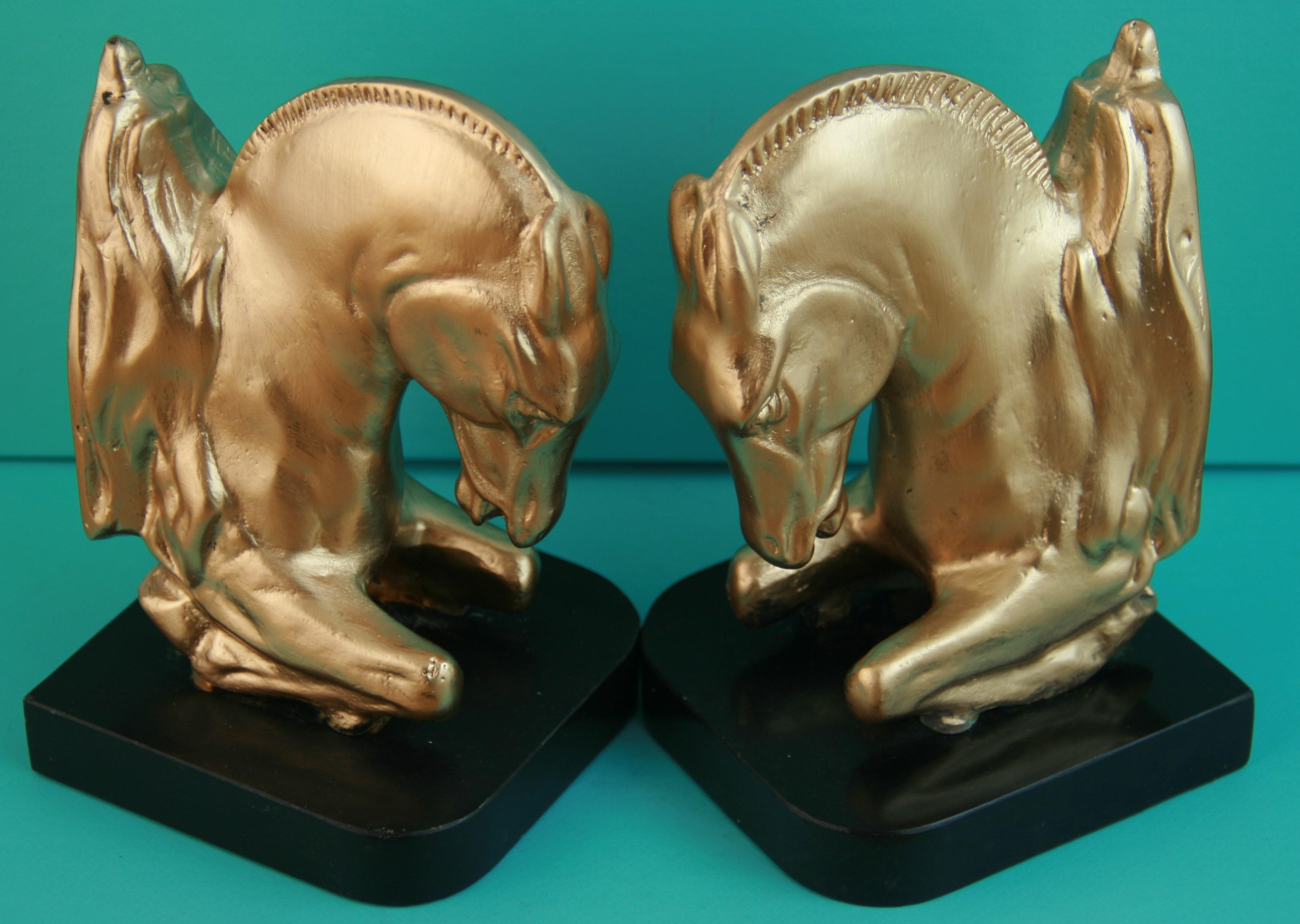 Pair Italian Gilt Brass and Marble Horse Bookends 2