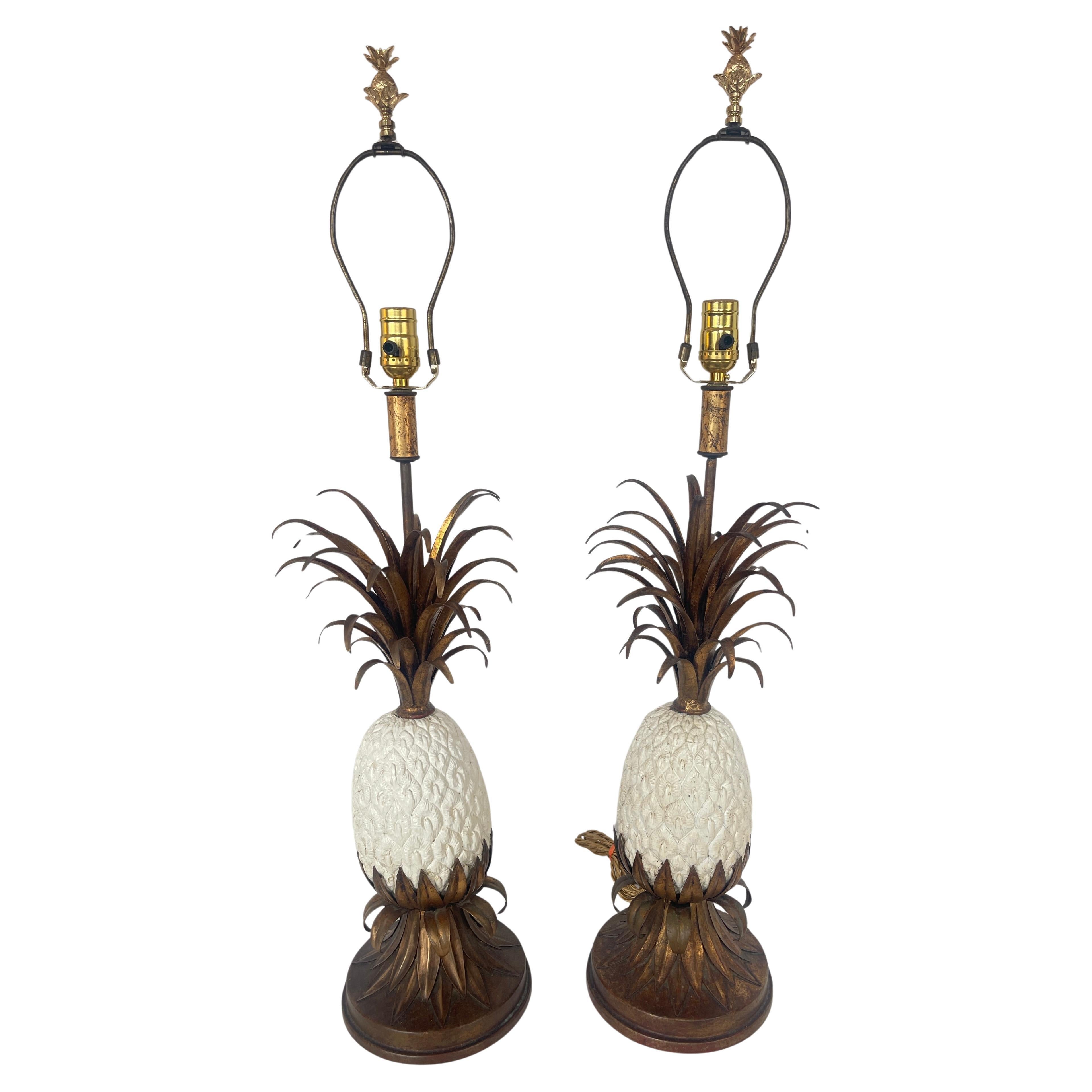 Pair Italian Gilt Metal
Ceramic Pineapple Table Lamps , 1950s
