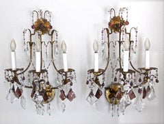 Pair of Italian Gilt Metal Crystal Beaded Amethyst Wall Sconces