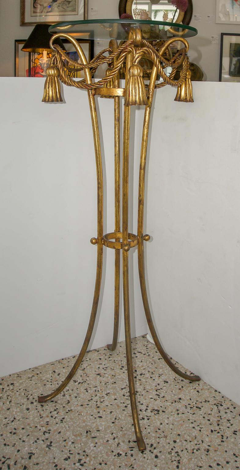 Gold Leaf Pair of Italian Gilt Metal Rope and Tassel Plant Stand