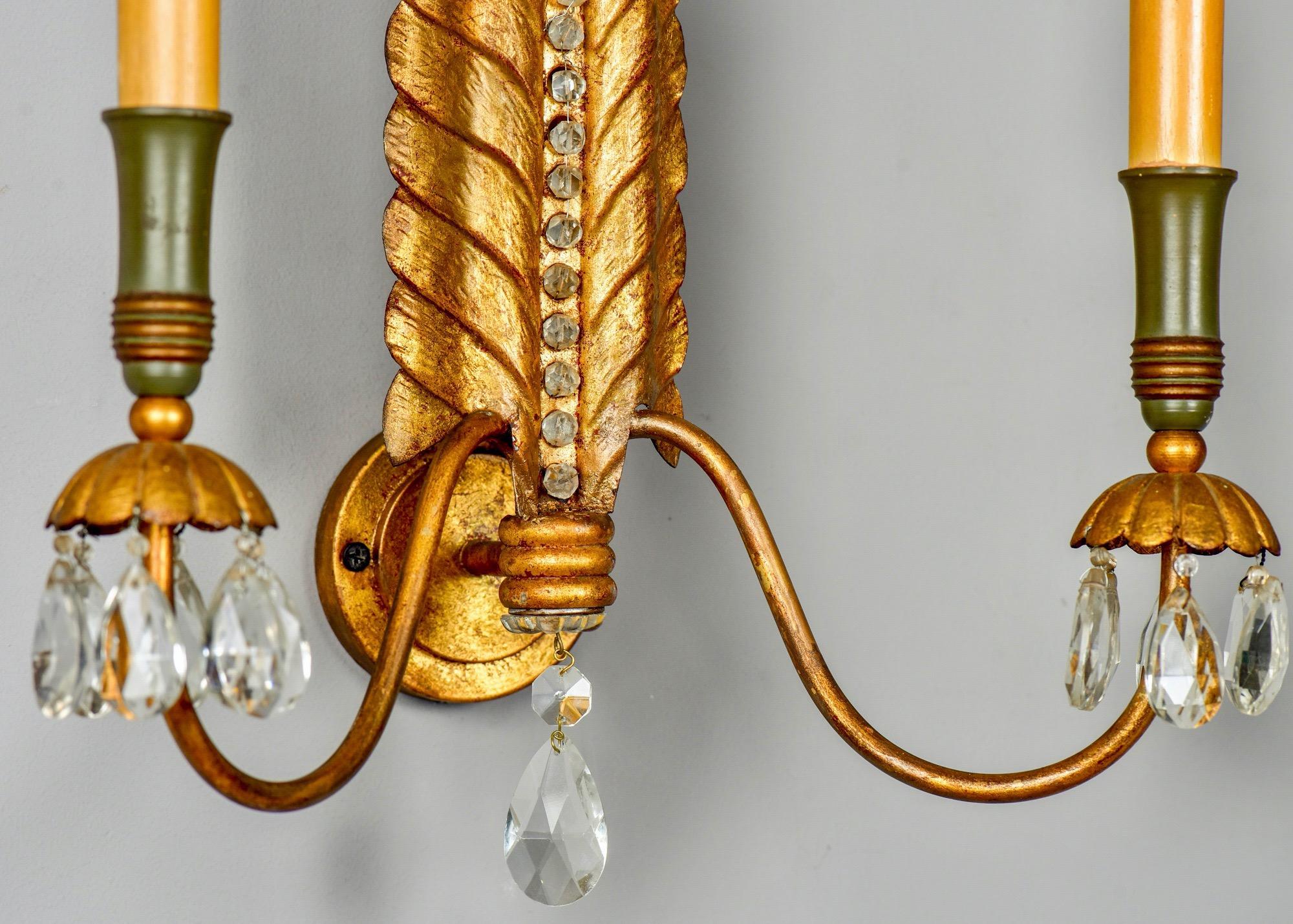 Pair of Italian Gilt Metal Two-Light Sconces with Crystals and Beading 2