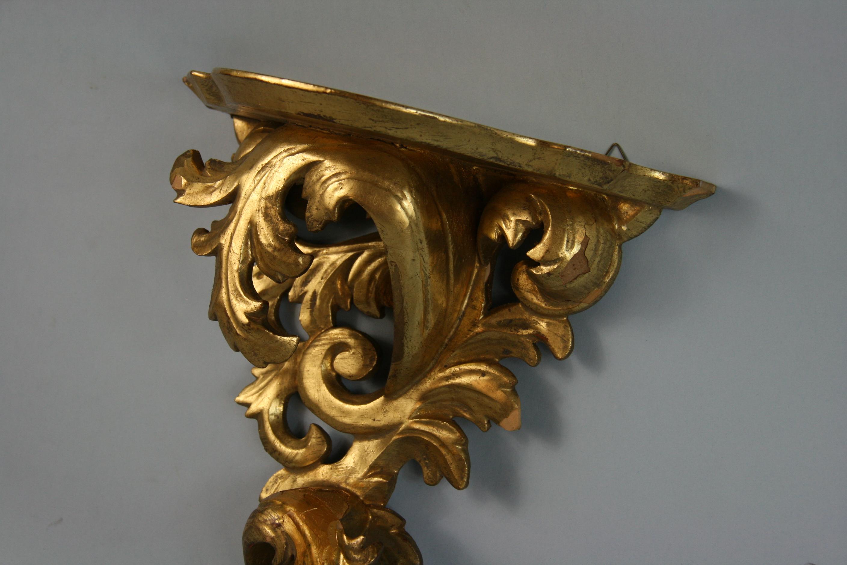 Giltwood Antique Pair Italian Gilt Wood Hand Carved Wall Shelves / Brackets 1940