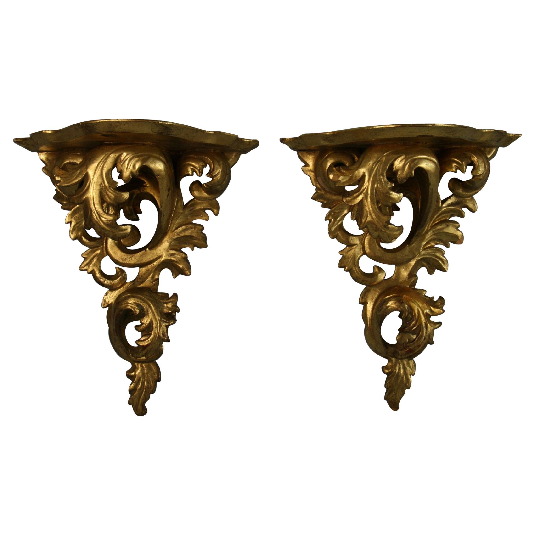 Antique Pair Italian Gilt Wood Hand Carved Wall Shelves / Brackets 1940