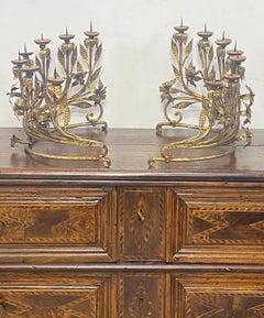 Pair Italian Gilt Wrought Iron Candle Holders, 19th Century