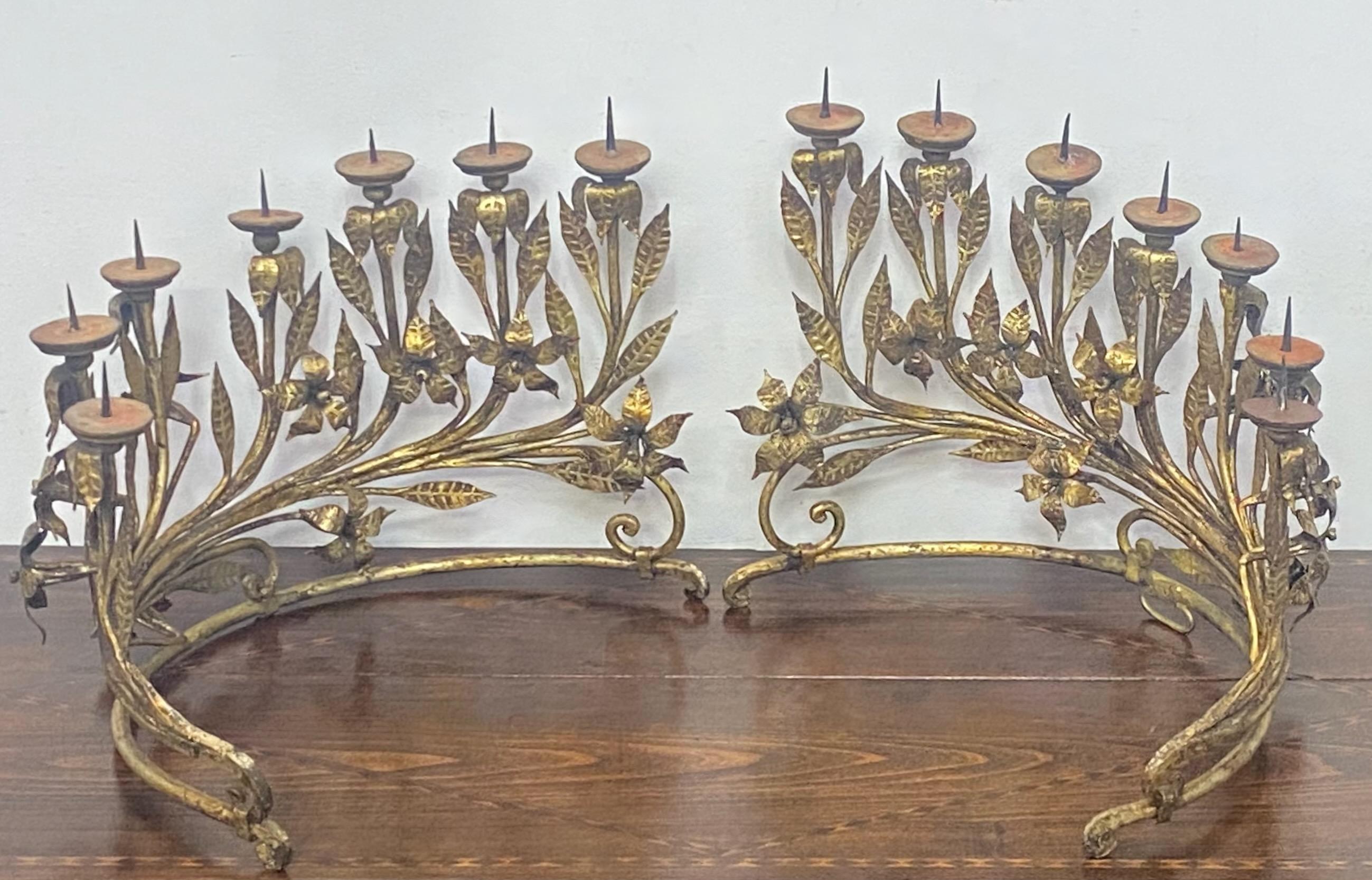 Pair Italian Gilt Wrought Iron Candle Holders, 19th Century In Good Condition For Sale In San Francisco, CA