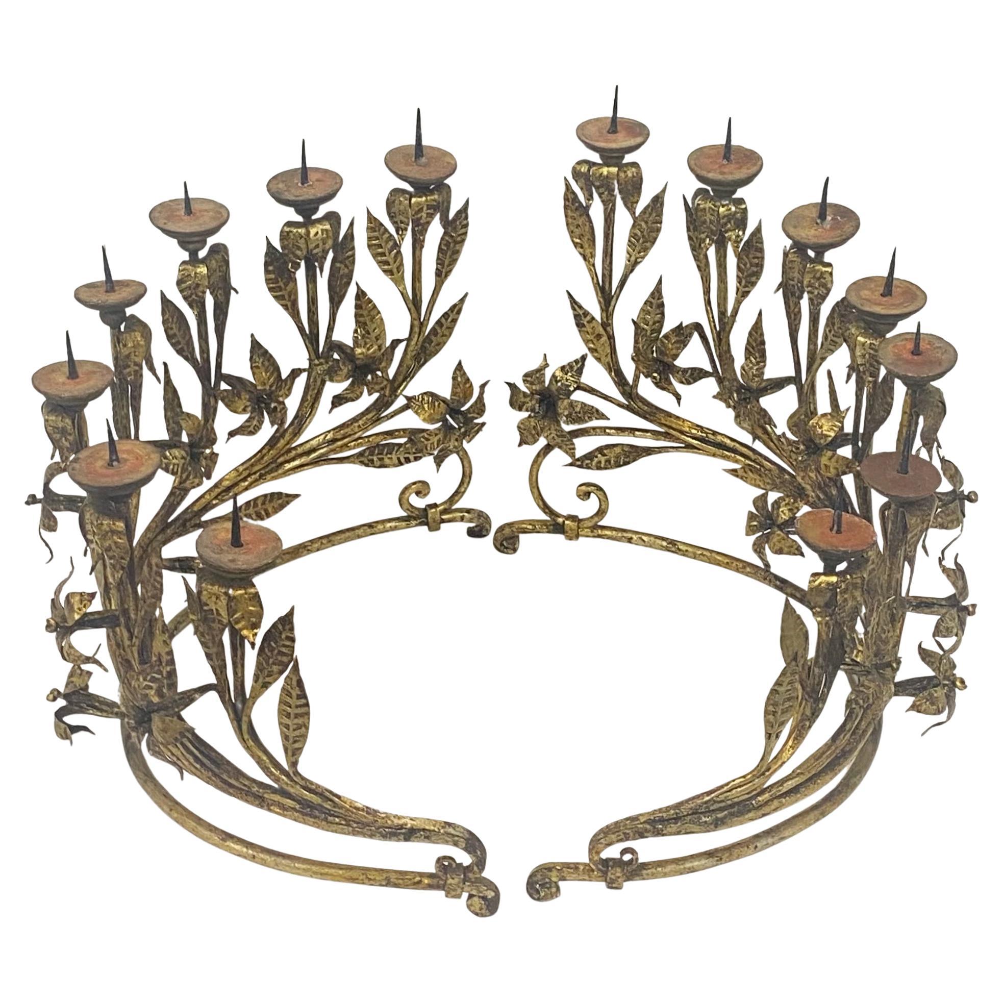 Pair Italian Gilt Wrought Iron Candle Holders, 19th Century For Sale