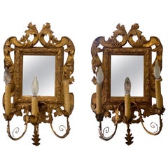 Coppia di specchi a candela a 3 luci in legno d'orato e tole italiane