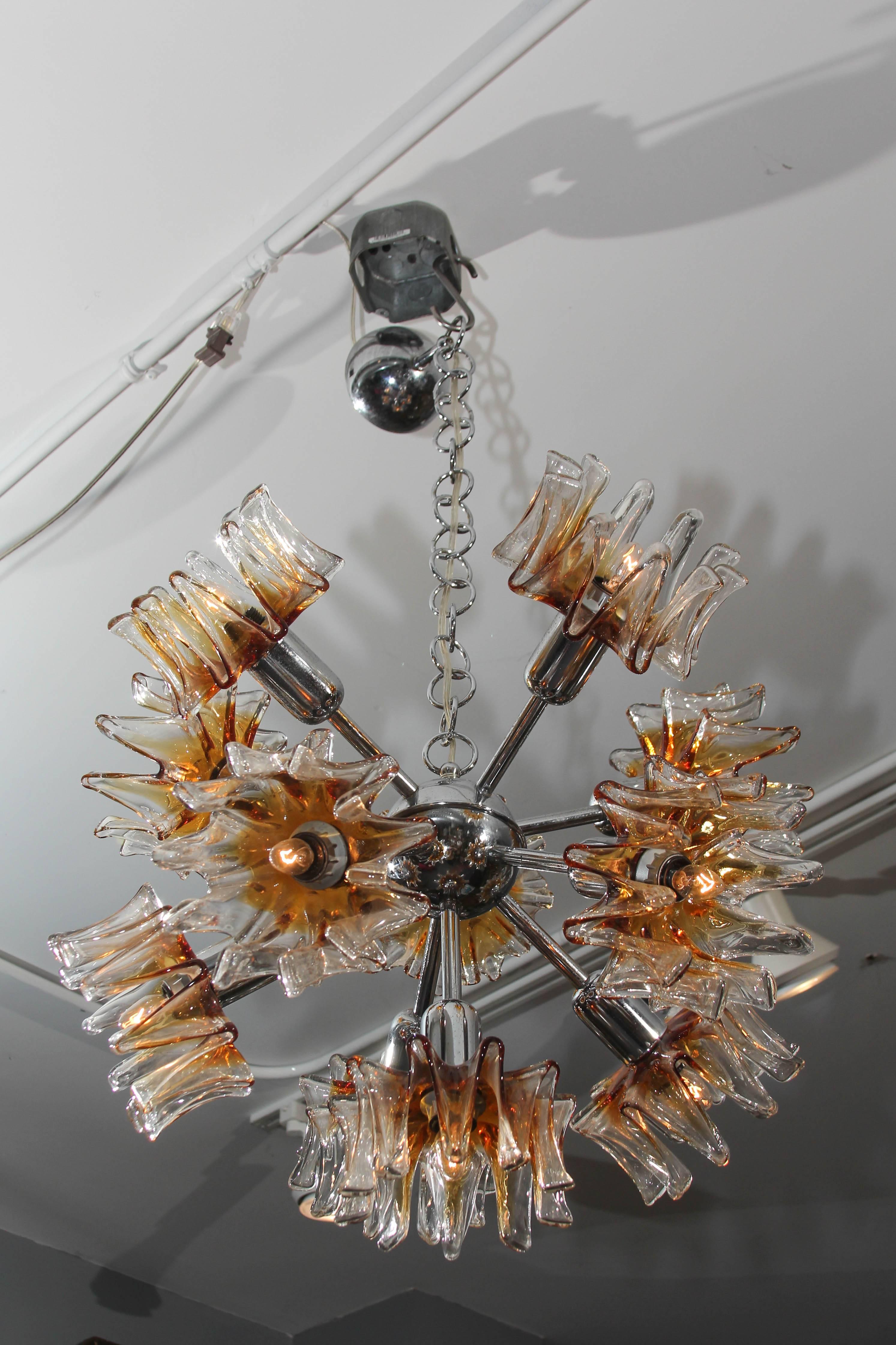 Pair of Italian Glass and Chrome Chandelier and Ceiling Mount Light Fixtures 7