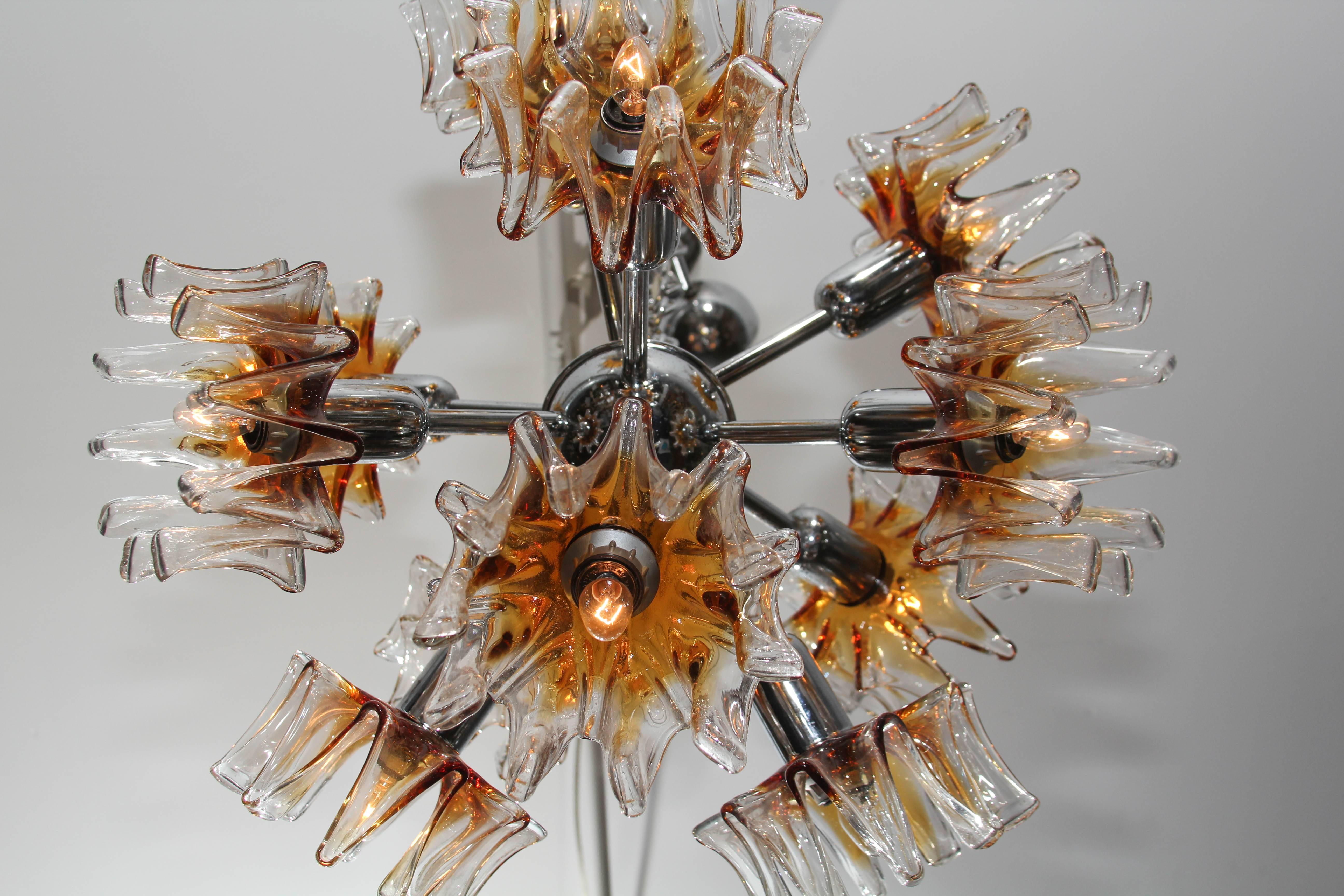 Pair of Italian Glass and Chrome Chandelier and Ceiling Mount Light Fixtures 8