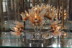 Pair of Italian Glass and Chrome Chandelier and Ceiling Mount Light Fixtures