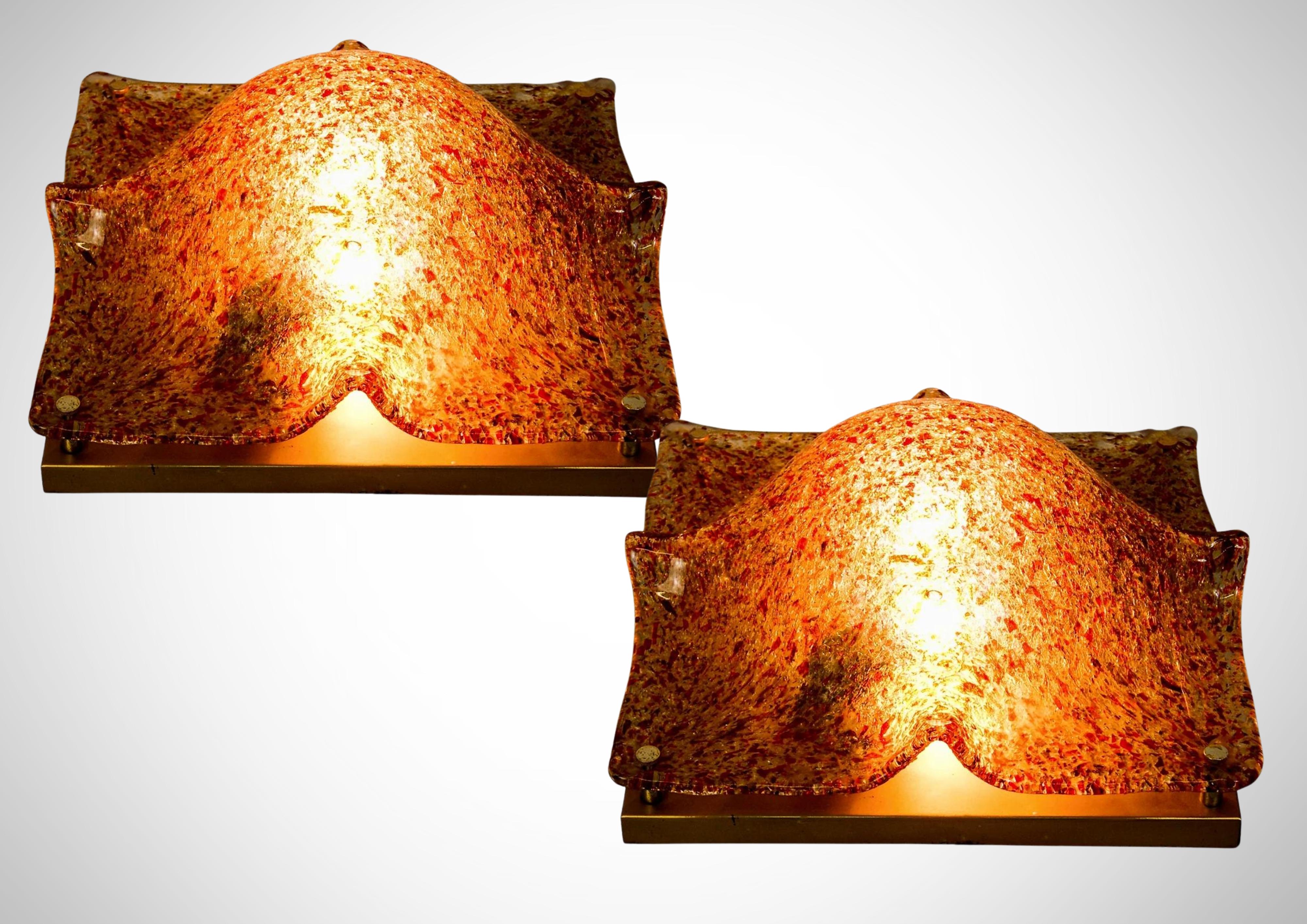 Pair Italian Glass Lamps Wall Sconces by Mazzega Murrine Inclusion 1950s For Sale 1