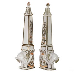 Pair Italian Glazed Terra Cotta  Elephant Obelisks