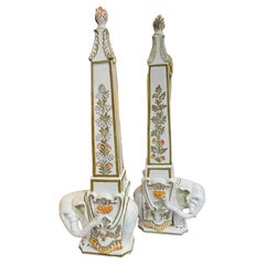 Pair Italian Glazed Terra Cotta  Elephant Obelisks